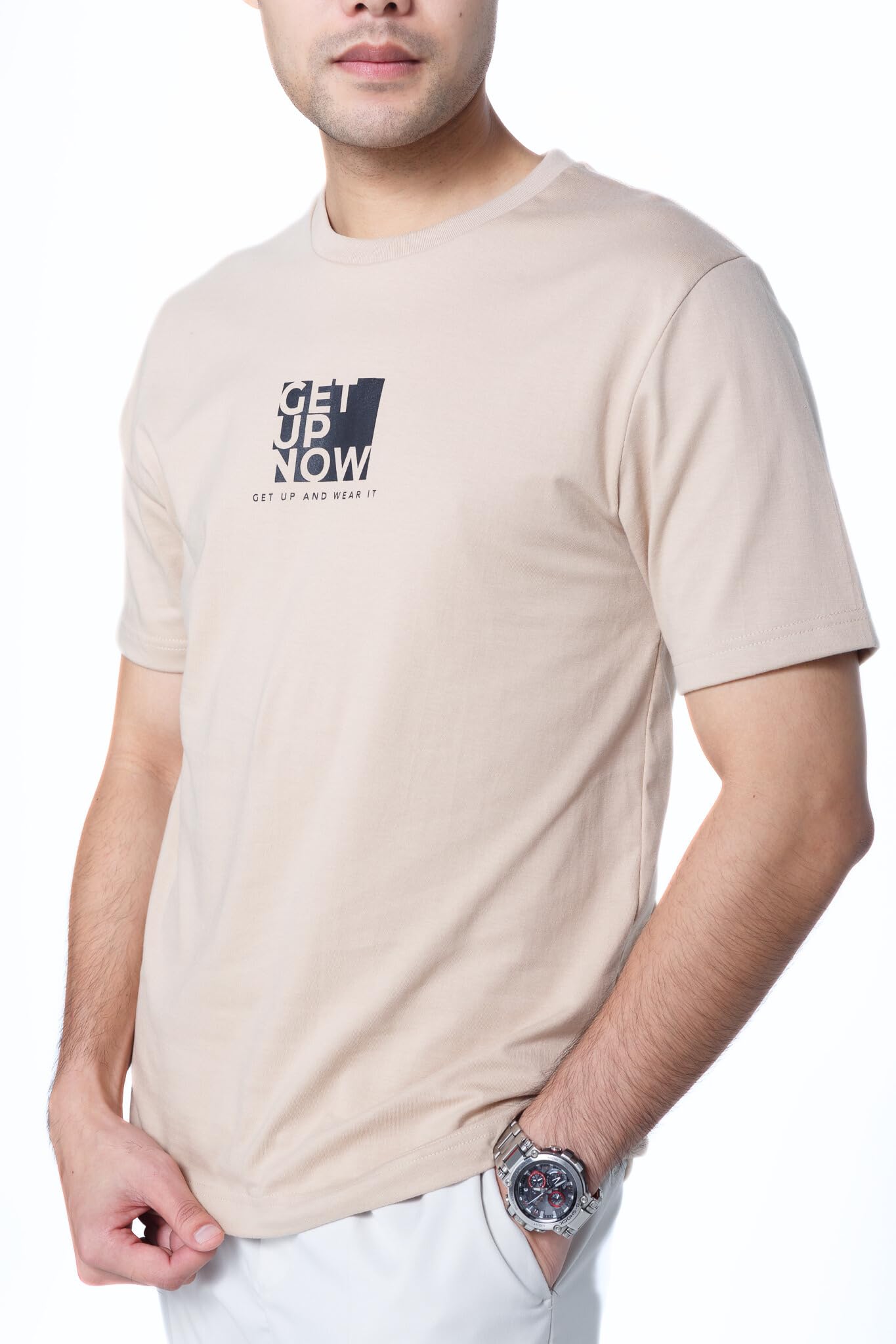 GETUPSERIESStylish Men's Beige Round Collar Shirt: Comfort Fit Tee with Trendy Pattern Design - Versatile Casual Wear | Cotton Combed 20