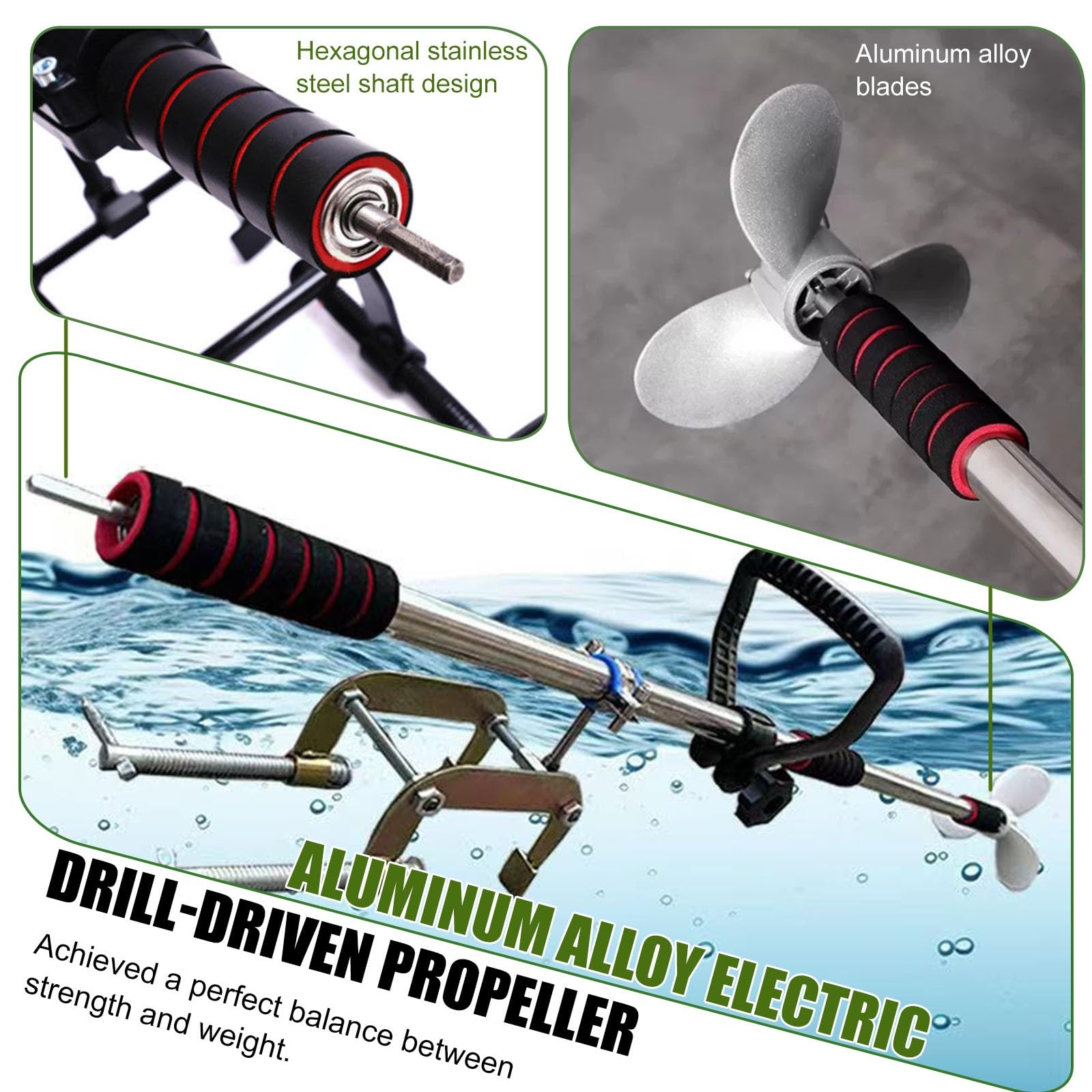 Handpropeller für Elektrische Bohrmaschine, Außenbordmotorhalterung | Metall-Hand-Trolling-Motor für Notfall-Floß, Float-Tube-Boot, Motorruder(Black A,100cm/39.5in)