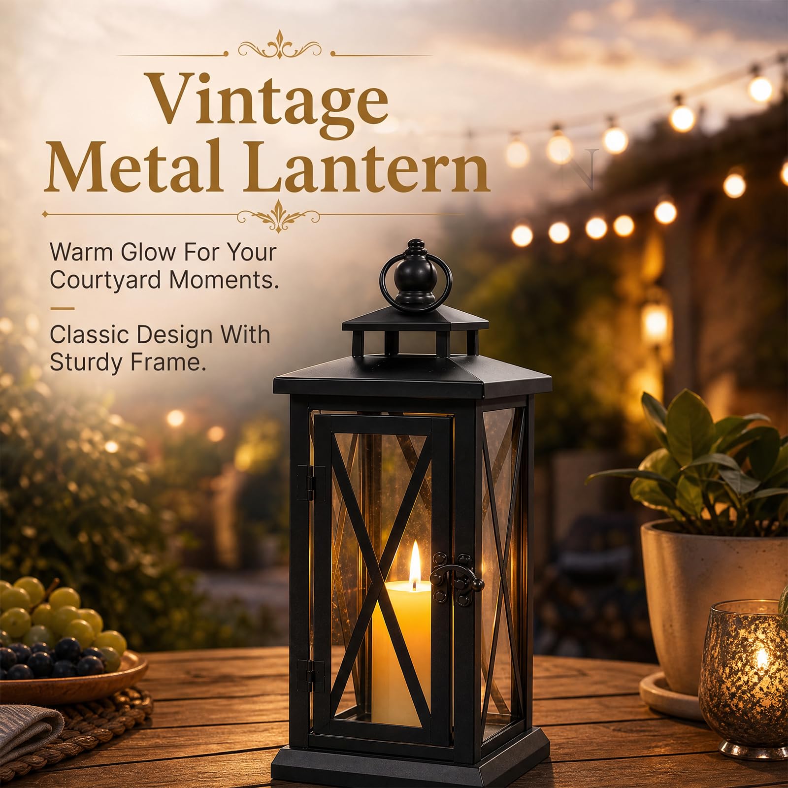 Schwarz Metall Laternen, 40cm Laternen Draußen Outdoor, Grablaterne Friedhof Wetterfest für Draußen Bar Hochzeitsfeier Deko Windlicht Beileid Beerdigung Kerzenlaterne Garten Drinnen (Mittelgroß)