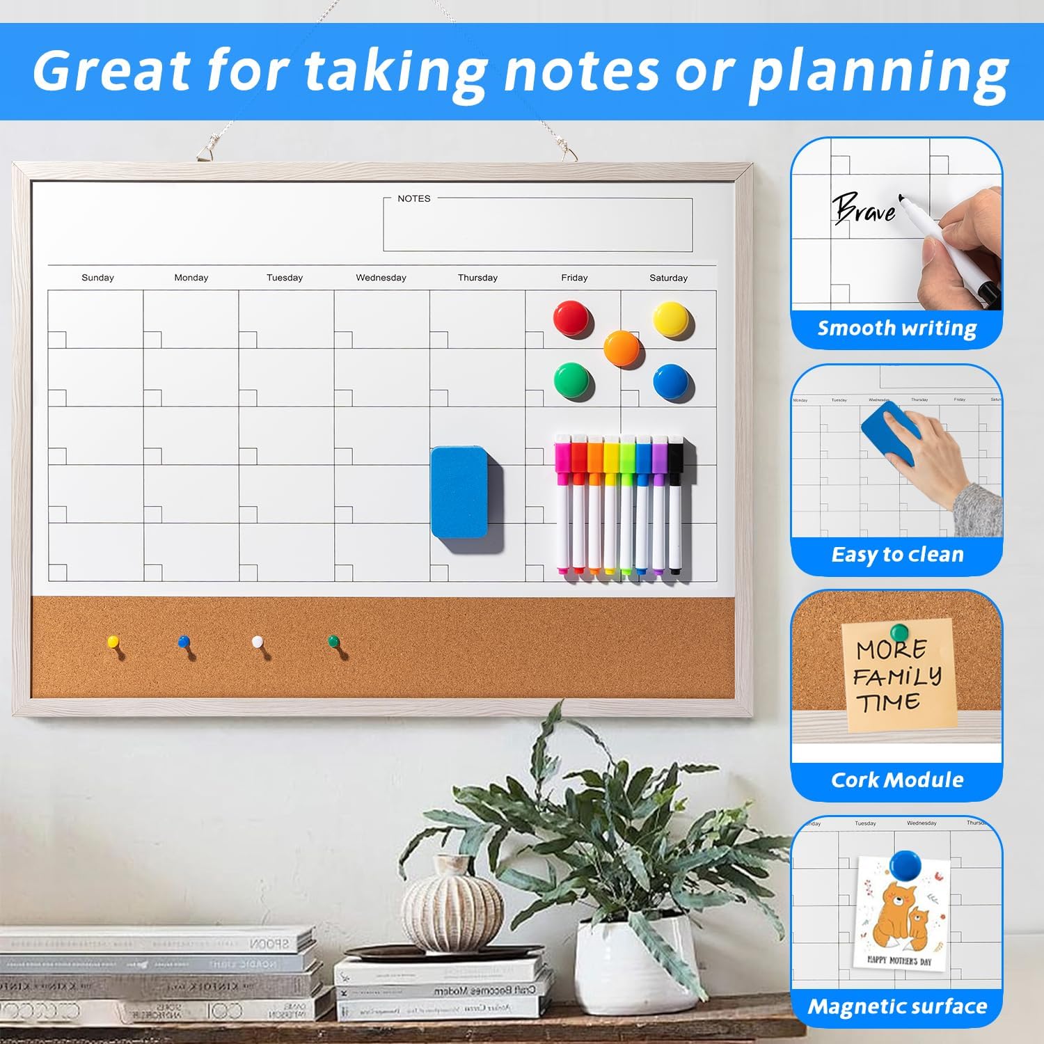 Dry Erase Calendar Whiteboard, 24" x 18" Magnetic Whiteboard Cork Board Combo, Reusable Monthly Planner with 8 Markers, Eraser, Magnets and Pushpins, Hanging Dry Erase Board for Home, School - White