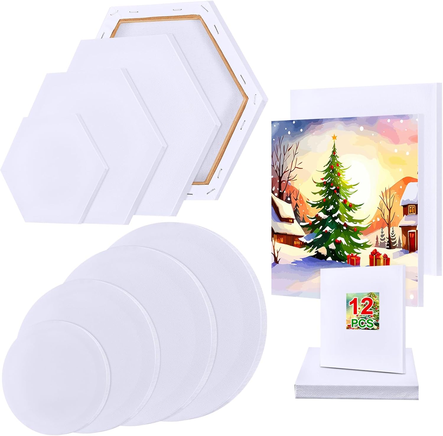 Juexica Paquete de 12 lienzos estirados, lienzo en blanco para pintar Navidad, lienzos blancos de varios tamaños a granel, lienzos blancos