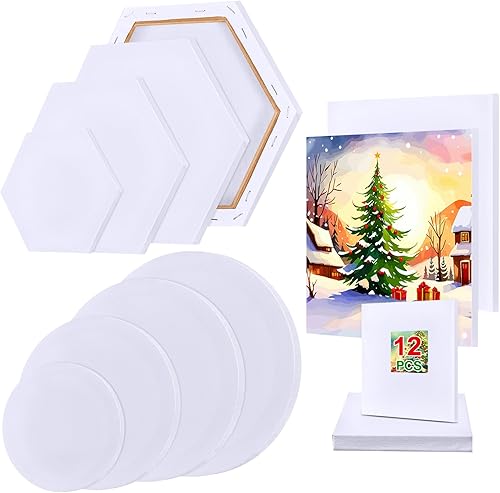 Juexica Paquete de 12 lienzos estirados, lienzo en blanco para pintar Navidad, lienzos blancos de varios tamaños a granel, lienzos blancos