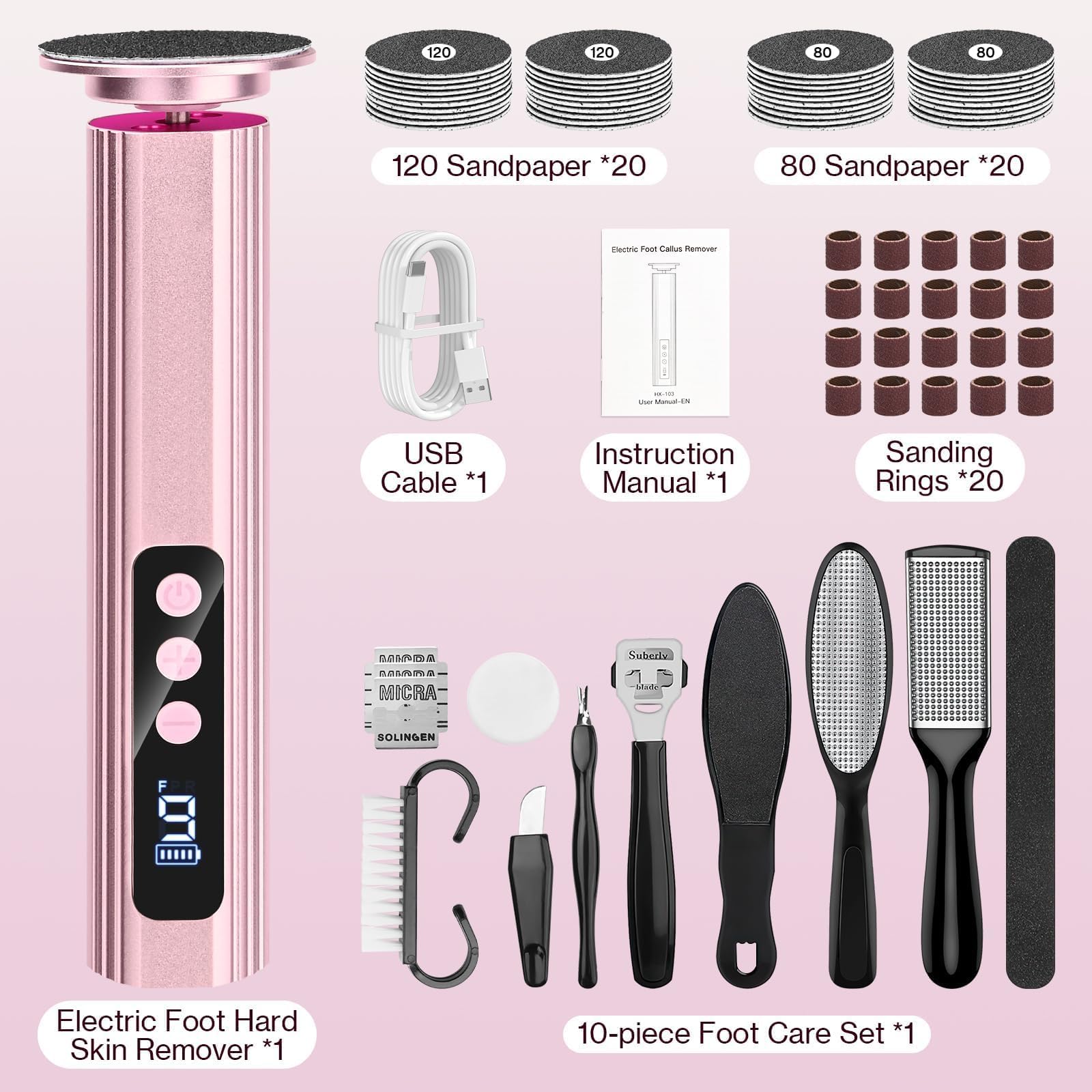 Rapeuse Pieds Electrique,14 en 1 Kit de Ponceuse Pieds et Lime Ongles,9 Vitessesavec,Ponceuse Pied Rechargeable 2000 mAh avec 40 feuilles et 20 Cercle de sable,Pour Pédicure, Callosités (Rose)