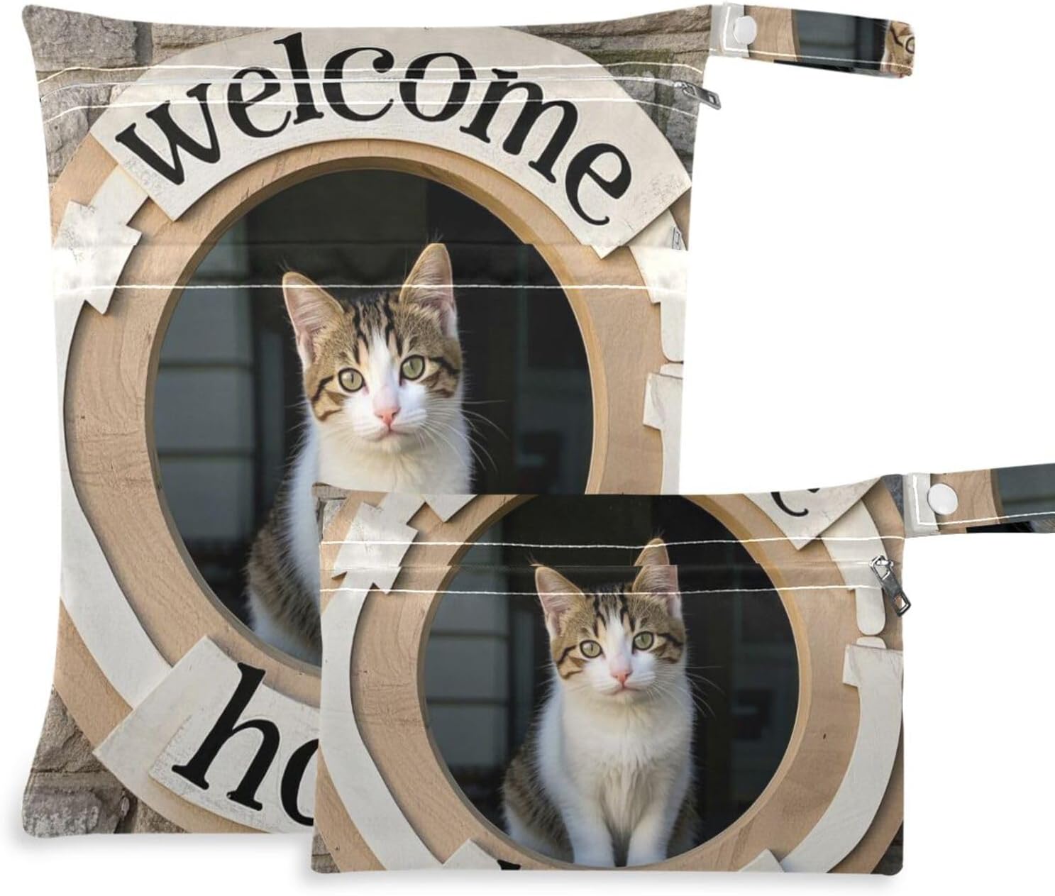 Welcome Home Cute Cartoon Cat reusable wet clothes bag 2 Pack diaper bag essential items with handles for travel, daycare