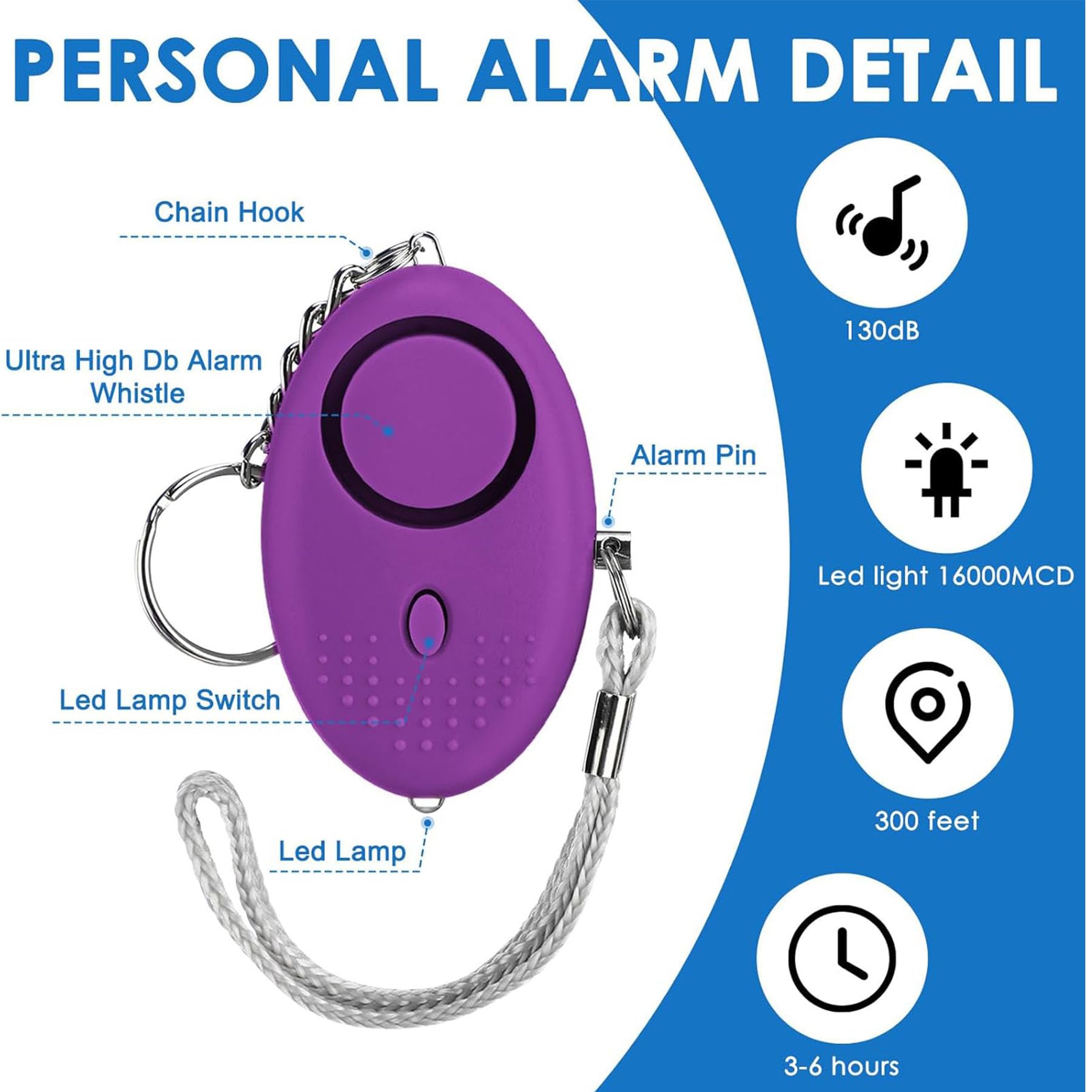 Llavero de alarma de seguridad personal con luz LED, alerta de seguridad de emergencia de 130 dB, paquete de 76 en 19 colores mezclados, protección portátil para mujeres, niñas, niños, ancianos