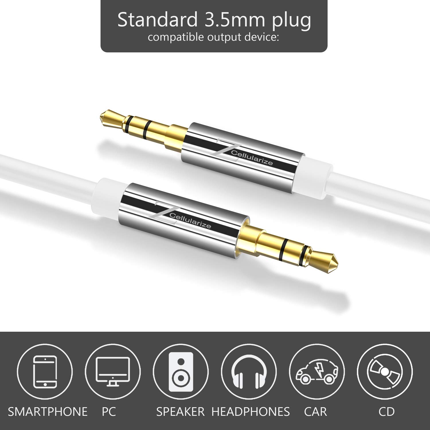 Cellularize Aux Cable [6ft/2 Pack, White - Copper Shell, Hi-Fi Sound] 3.5mm Auxiliary Audio Cord Compatible with LifeProof Otterbox Cases, Home Stereos, Speakers, iPhone iPod iPad, Headphones