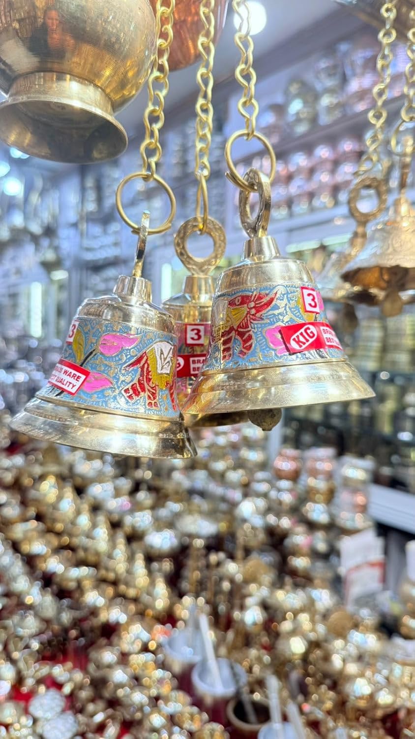Brass Hanging Bells with Chain, Decorative Metal Bells, Colorful Vintage Labels, Gold Finish, Indian Traditional Decor