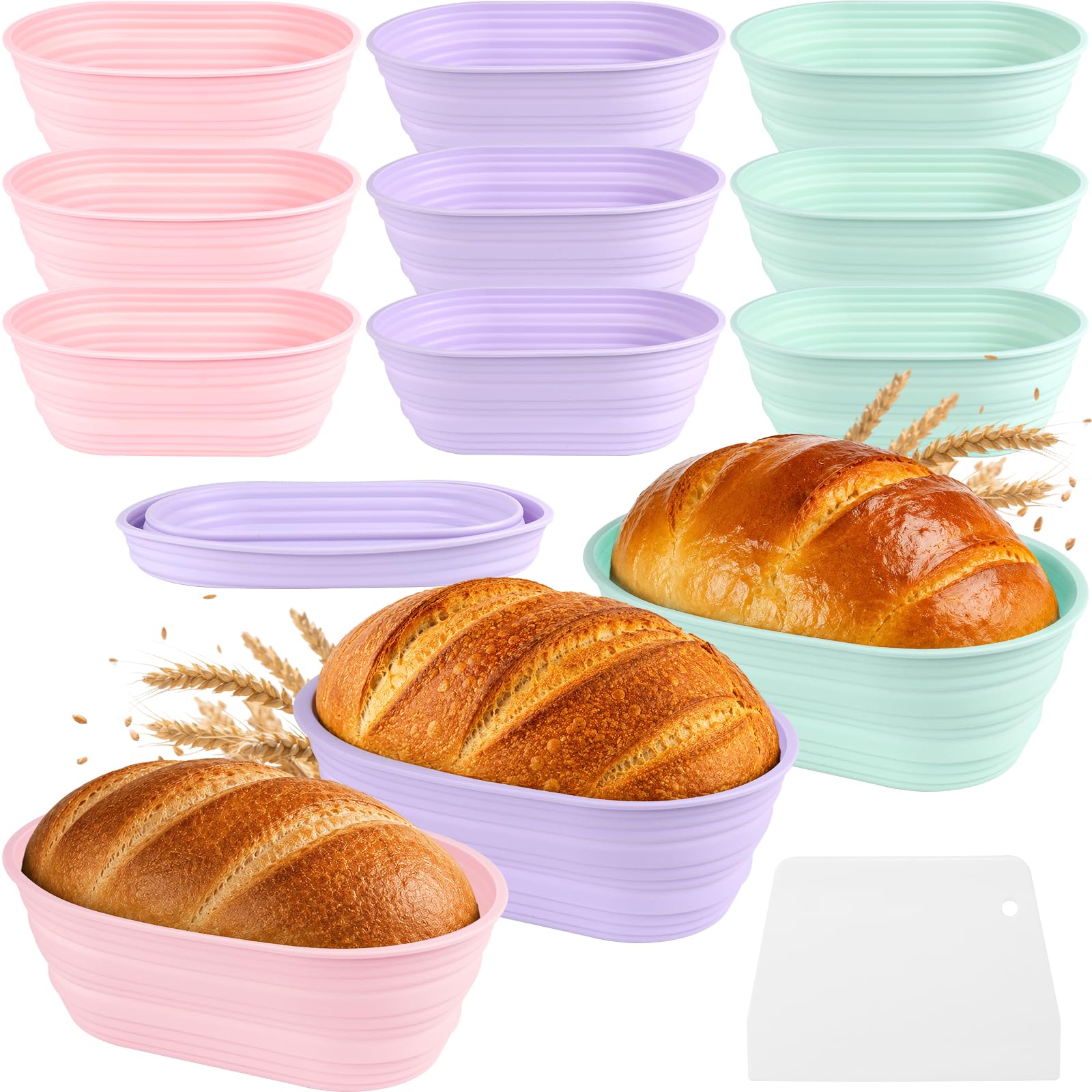 9 cestas de fermentación de silicona ovaladas, 25,4 × 9,5 × 3,3 cm, cesta de fermentación plegable para hornear pan, cestas de fermentación plegables con raspador y lino para panaderos aficionados