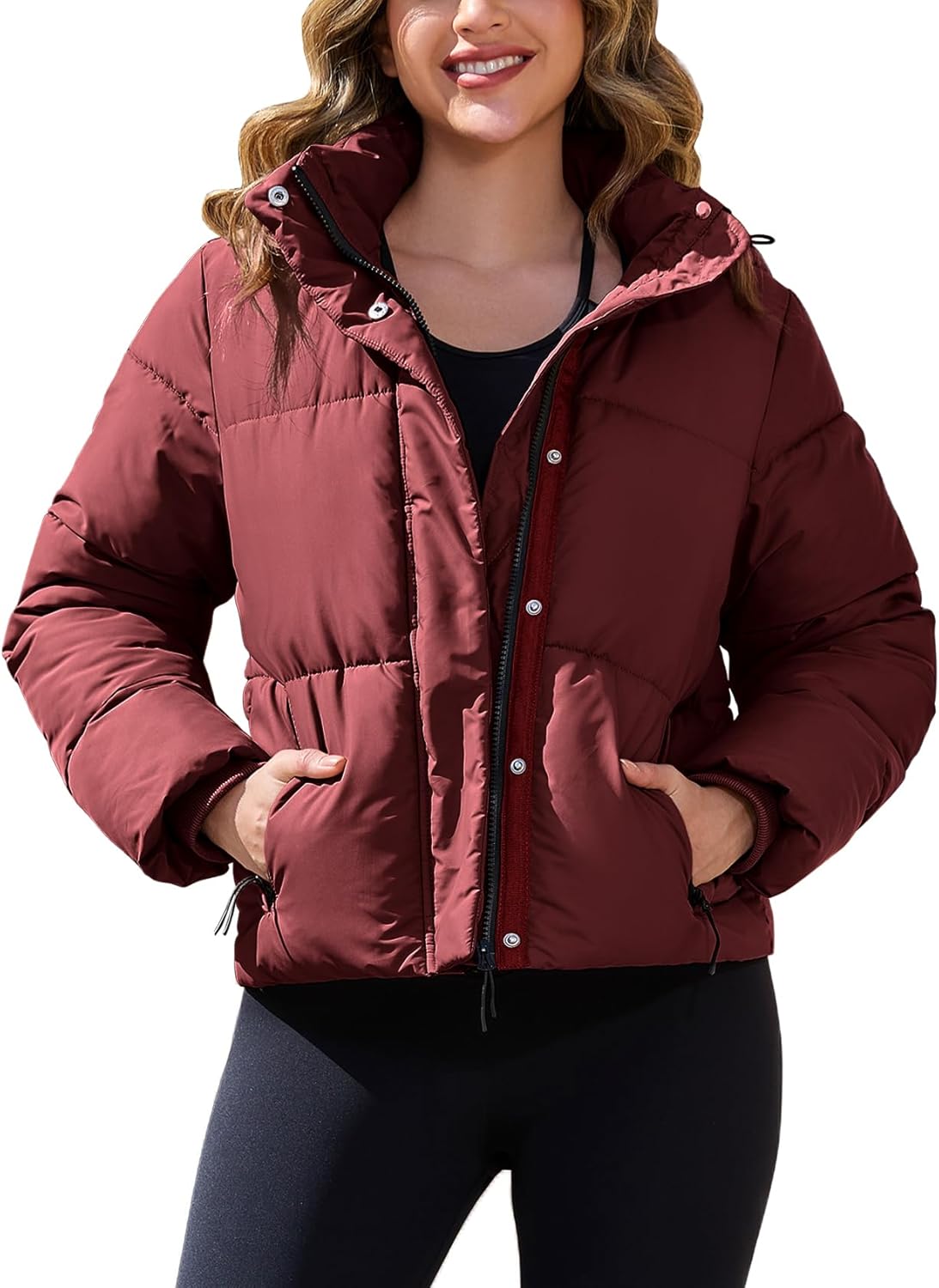 PEHMEA Women's Winter Cropped Puffer Jacket, Full Zip Thicken Short Coat with Detachable Hood