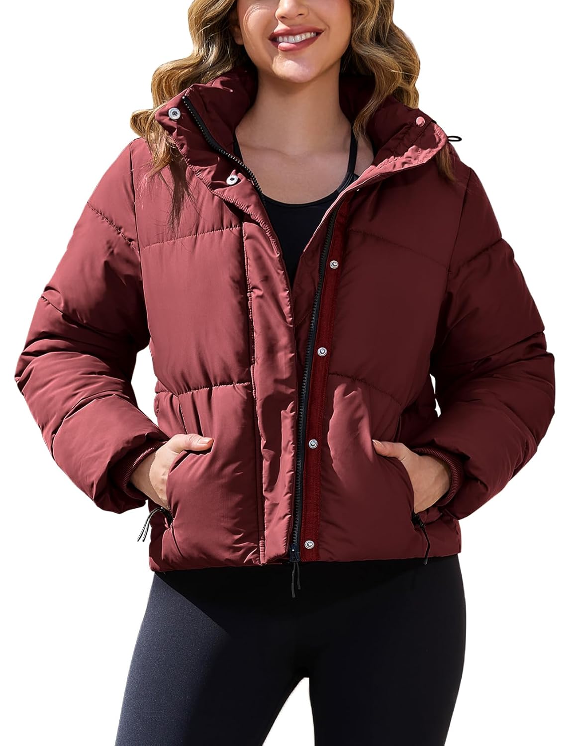 PEHMEA Womens Winter Cropped Puffer Jacket Full Zip Thicken Short Coat with Detachable Hood