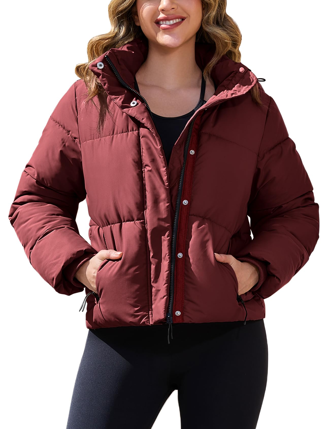 PEHMEA Womens Winter Cropped Puffer Jacket Full Zip Thicken Short Coat with Detachable Hood