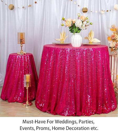 Vista 17 de ShiDianYi Mantel redondo de 90 pulgadas, mantel de lentejuelas color fucsia con purpurina para tarta, postre brillante, para fiesta de cumpleaños