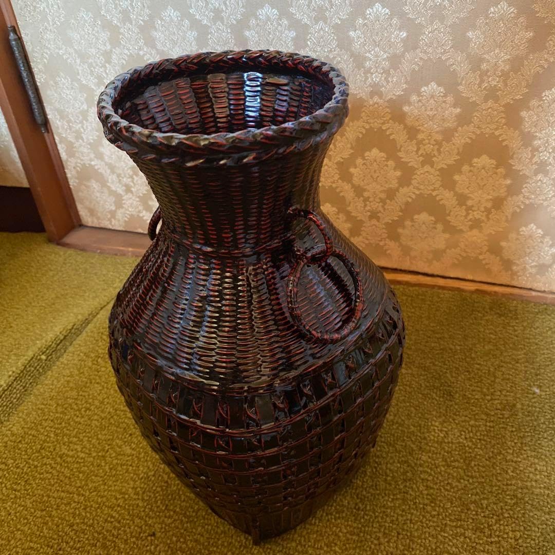 竹製 藍胎漆器 黒と赤編み込み 花瓶入れ物 ☆和 籃胎漆器など