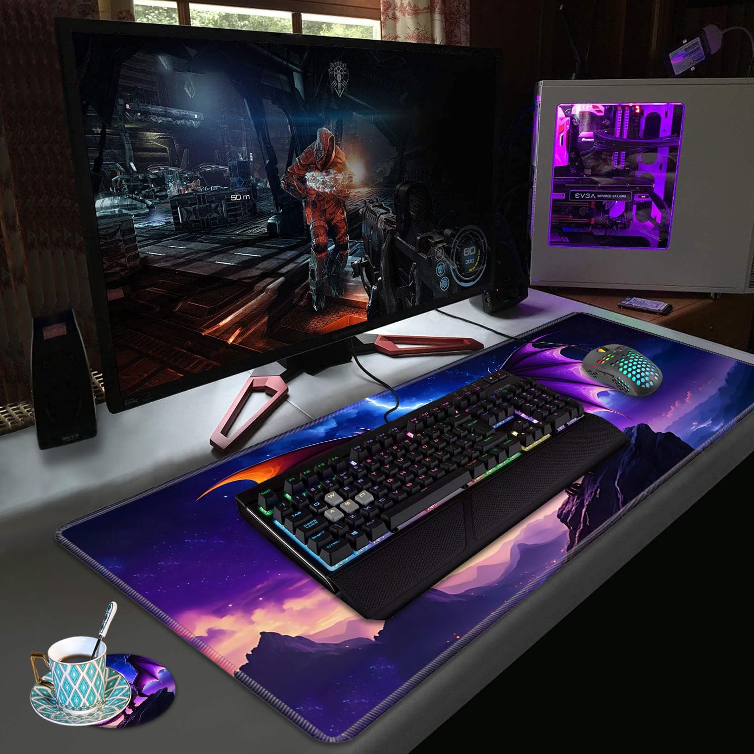 Alfombrilla de mouse para juegos con posavasos, alfombrilla de mouse grande extendida para juegos (35.4 x 15.7 pulgadas) con base antideslizante y borde cosido para juegos en casa, oficina, trabajo,