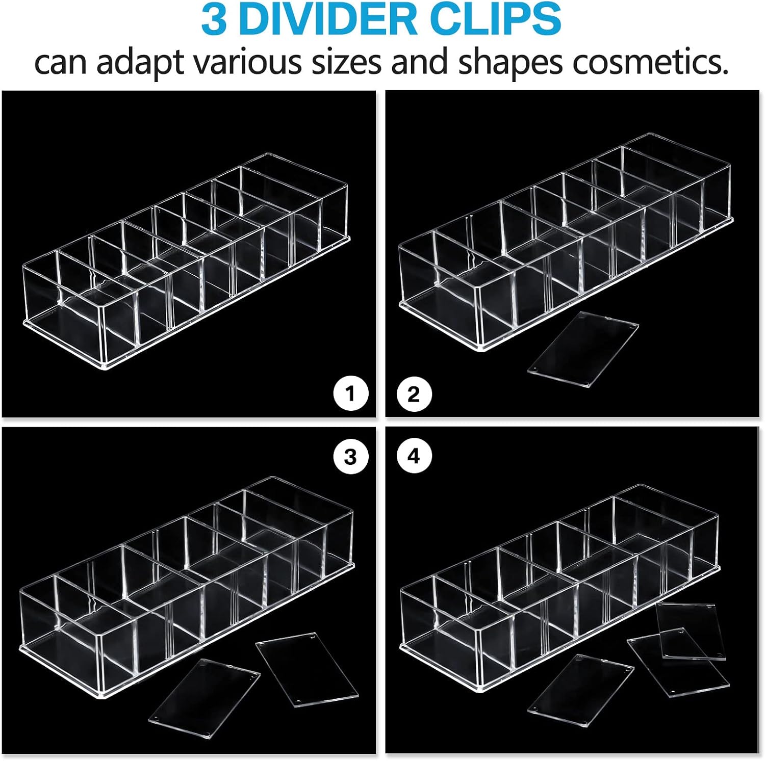 Tuanse 4 Pcs Acrylic Makeup Compact Organizer Detachable 8 Spaces Clear Vanity Drawer Organizer Eyeshadow Palette Storage for Lipstick Highlighter, Skincare Cosmetic Display Cases for Bathroom
