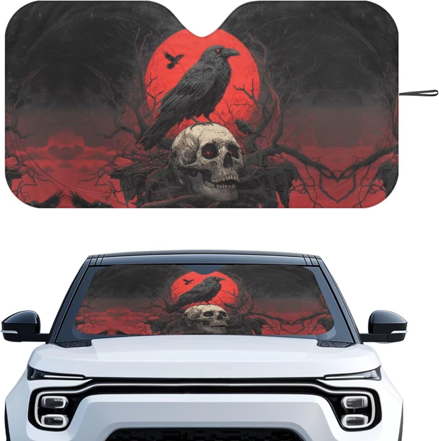 Crow Skull Red Moon Print Windshield Sun Shade for Car SUV Truck Foldable Sunshade for Car Windshield Block UV Rays Keep Your Vehicle Cool Car Interior Accessories