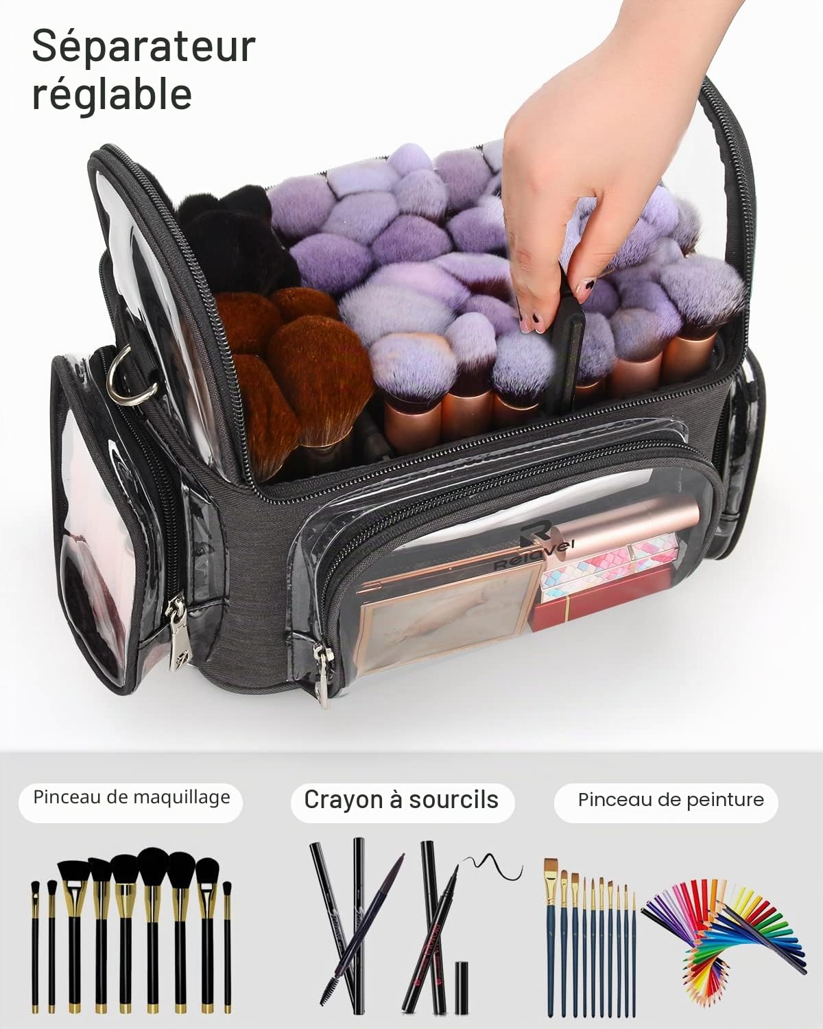 Relavel Étui pour pinceaux de maquillage professionnel, étui de voyage transparent etanche, ouverture complete, facile d'accès, avec sangle regulable