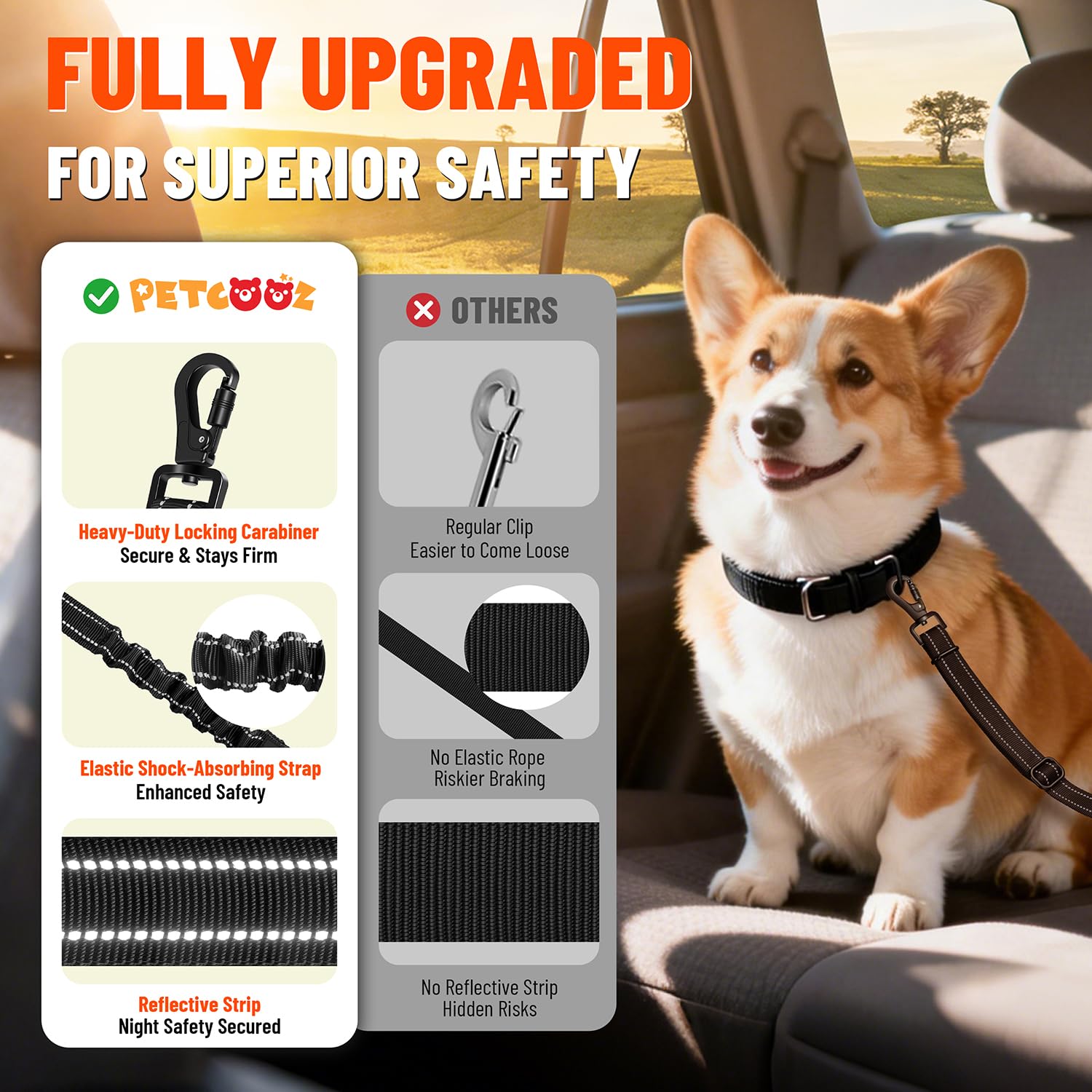 Ceinture Chien Voiture 3 en 1, Ceinture de Sécurité Chien Réglable 58-92 cm avec Système Latch et ISOFIX, Absorption des Chocs, Mousqueton Rotatif 360°, Harnais Voiture pour Toutes Les Races