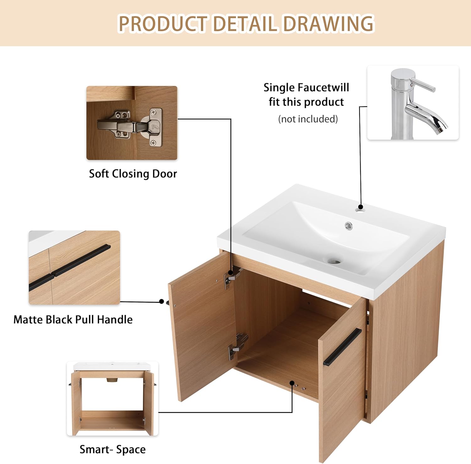 24 inch floating bathroom vanity brown wall mounted cabinet set with sink