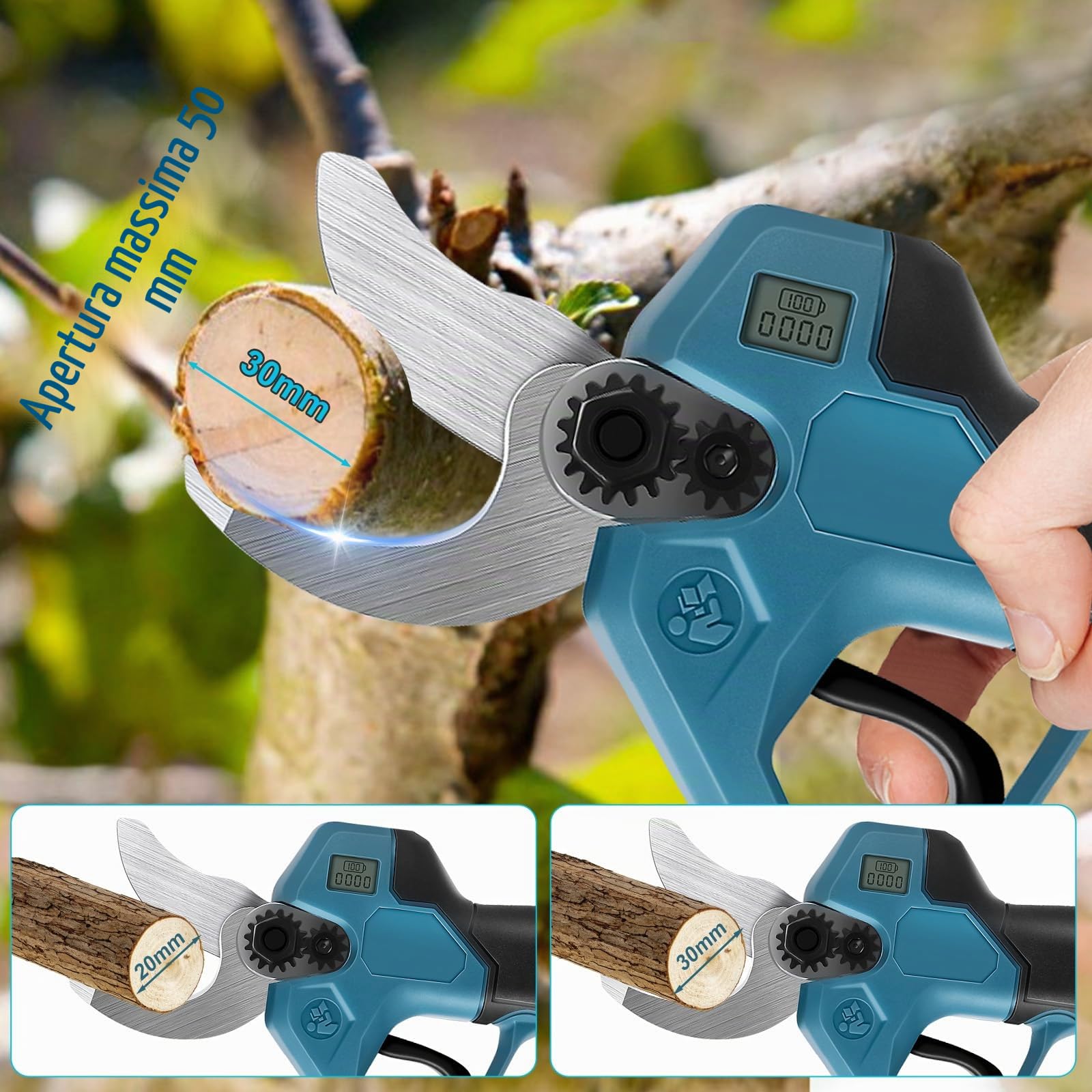 Troncarami a batteria compatibile con Makita 18 V, cesoie elettriche 2 in 1 con asta di prolunga da 2 m, diametro di taglio massimo 30 mm, display LCD, cesoie telescopiche estensibili fino a 4,5 m