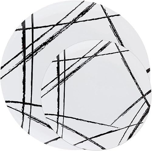 EcoQuality Platos redondos de plástico blanco con diseño de cepillo negro platos de fiesta similares a China platos de postre desechables de alta