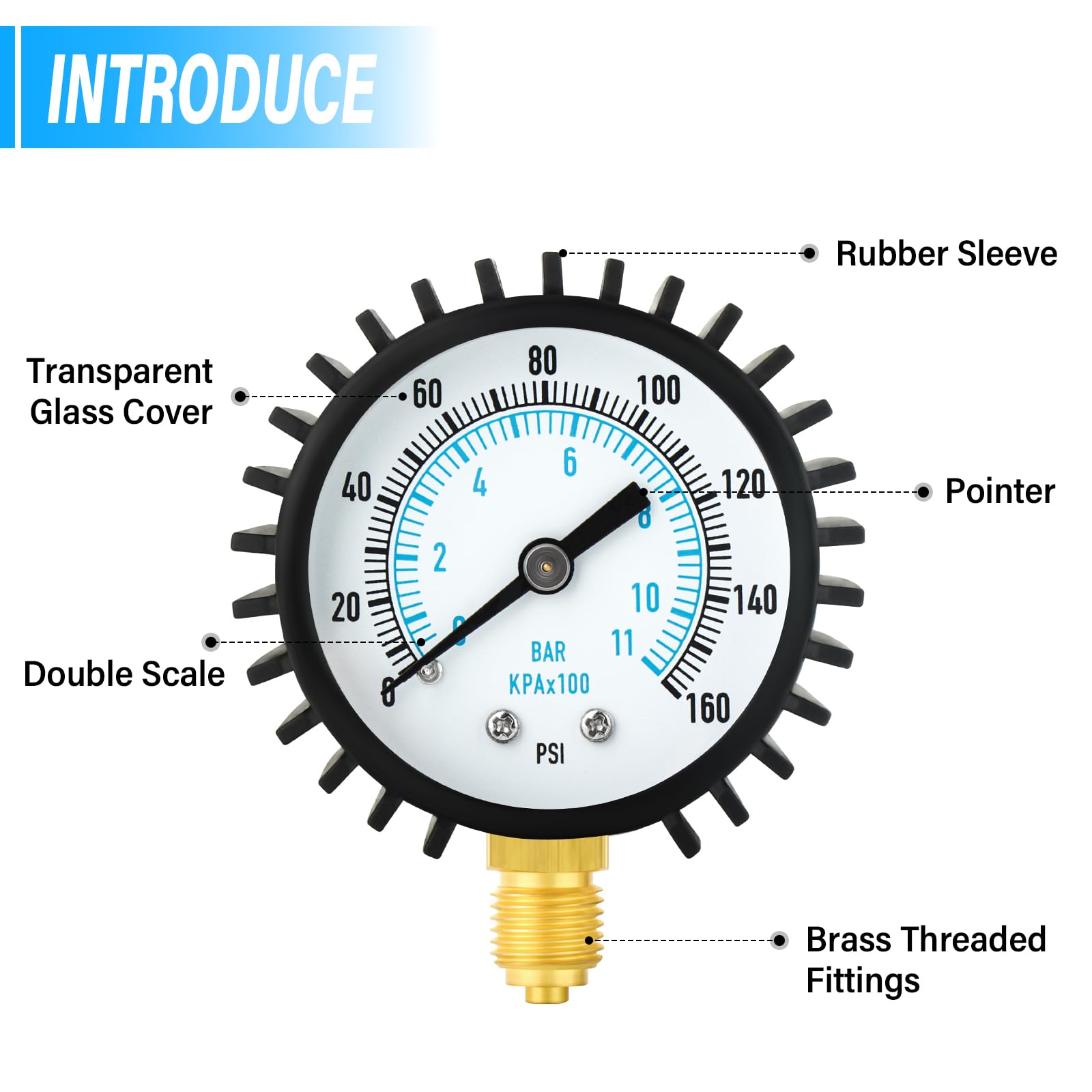 Manometro per pressione dell'acqua 0-11 Bar/0-160 Psi, quadrante da 2" in acciaio inossidabile Manometro per pressione di alimentazione dell'acqua con raccordo per rubinetto flessibile