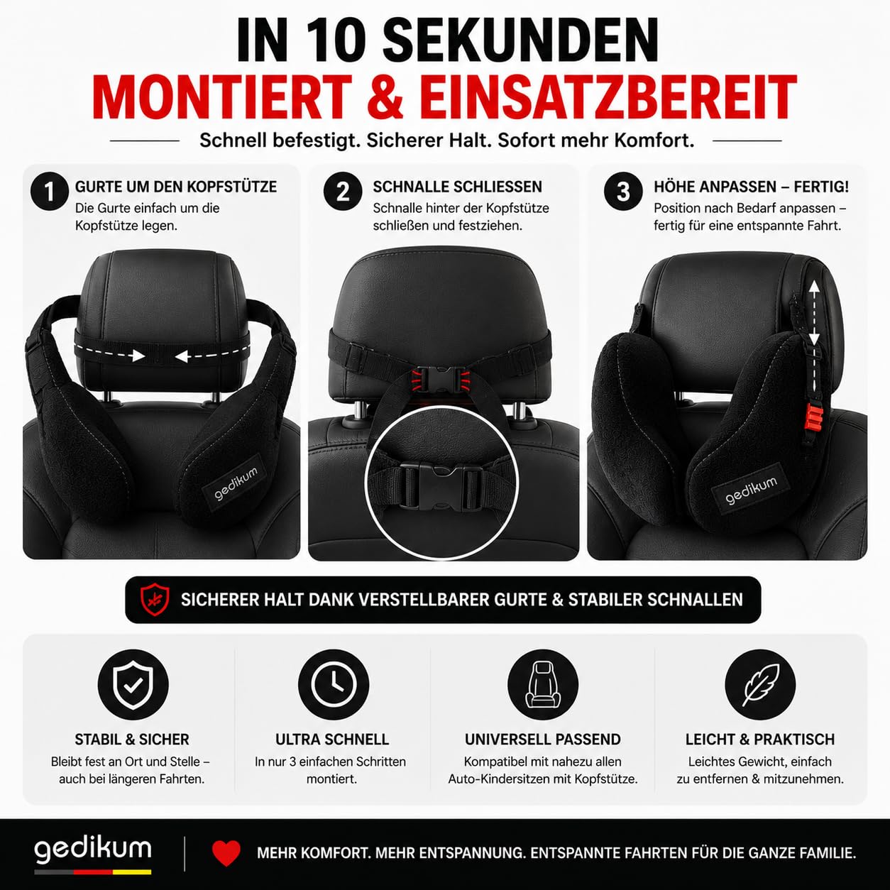Gedikum® Sicherheits-Schlafkissen für Kinder – Reisekissen & Nackenkissen für Kindersitz, Auto & Flugzeug – Kopfstützkissen für Kinder von 18 Monaten bis 12 Jahren – Basic Velvet Schwarz