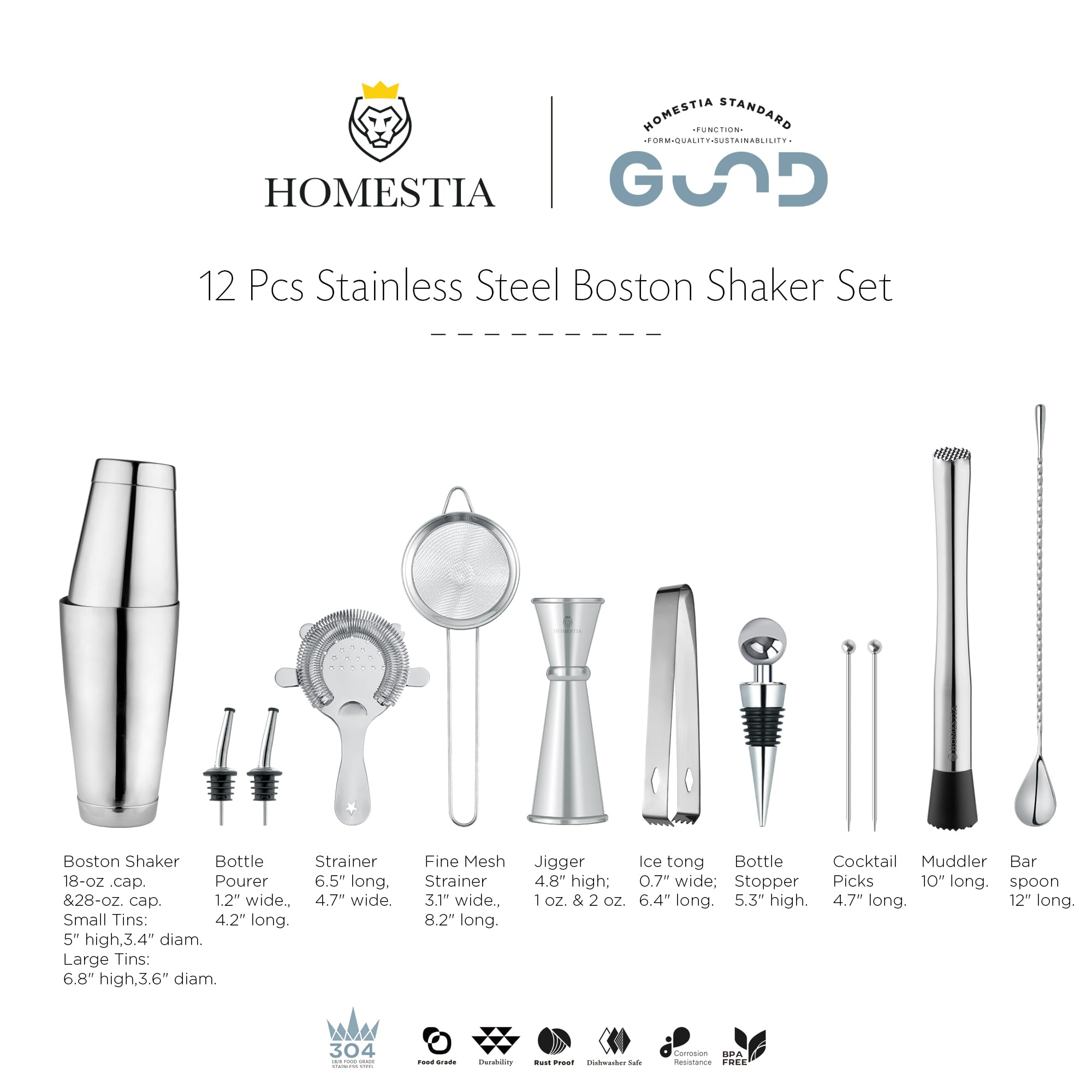 Homestia Set di 9 pezzi Boston Shaker in acciaio inossidabile Accessori per carrelli: Shaker Boston Shaker, Jigger, cucchiaio da bar... Shakers per bevande alcoliche