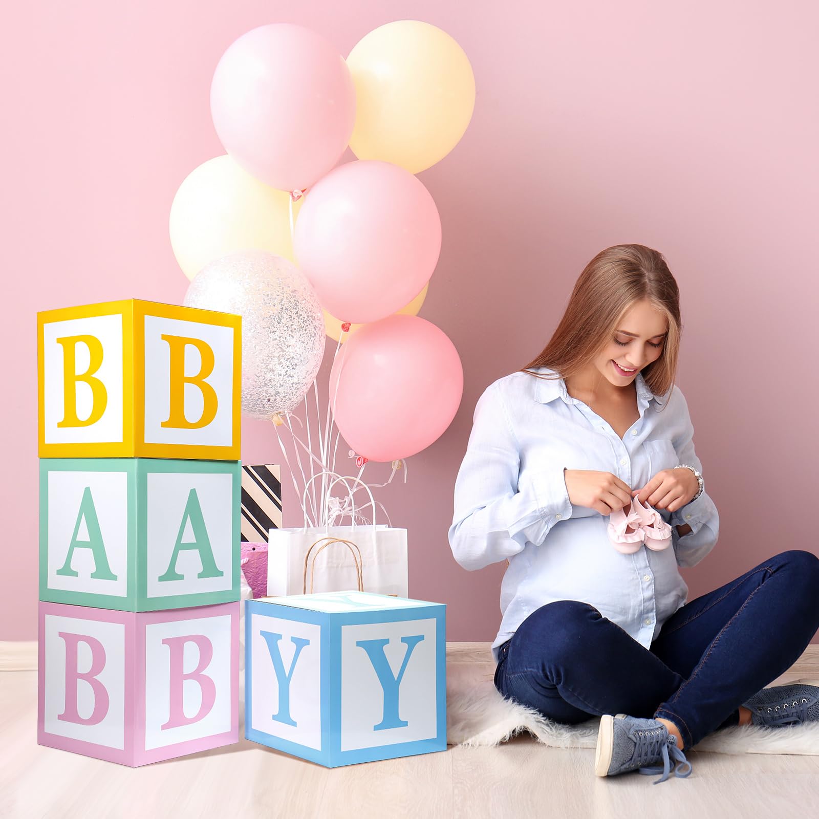 Humyoun 4 buzones para baby shower, cajas de dulces arcoíris para bebé, decoración de baby shower, donas, cajas de dulces pastel, cajas de caramelos, recuerdos de fiesta con letras para baby shower