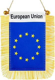 European Union Hanging Flag Mini Small EU Car Window Flags Banners Rearview Mirror Décor EU Flags with Suction Cup Golden Fringed Double Sided 3 X 5 Inch