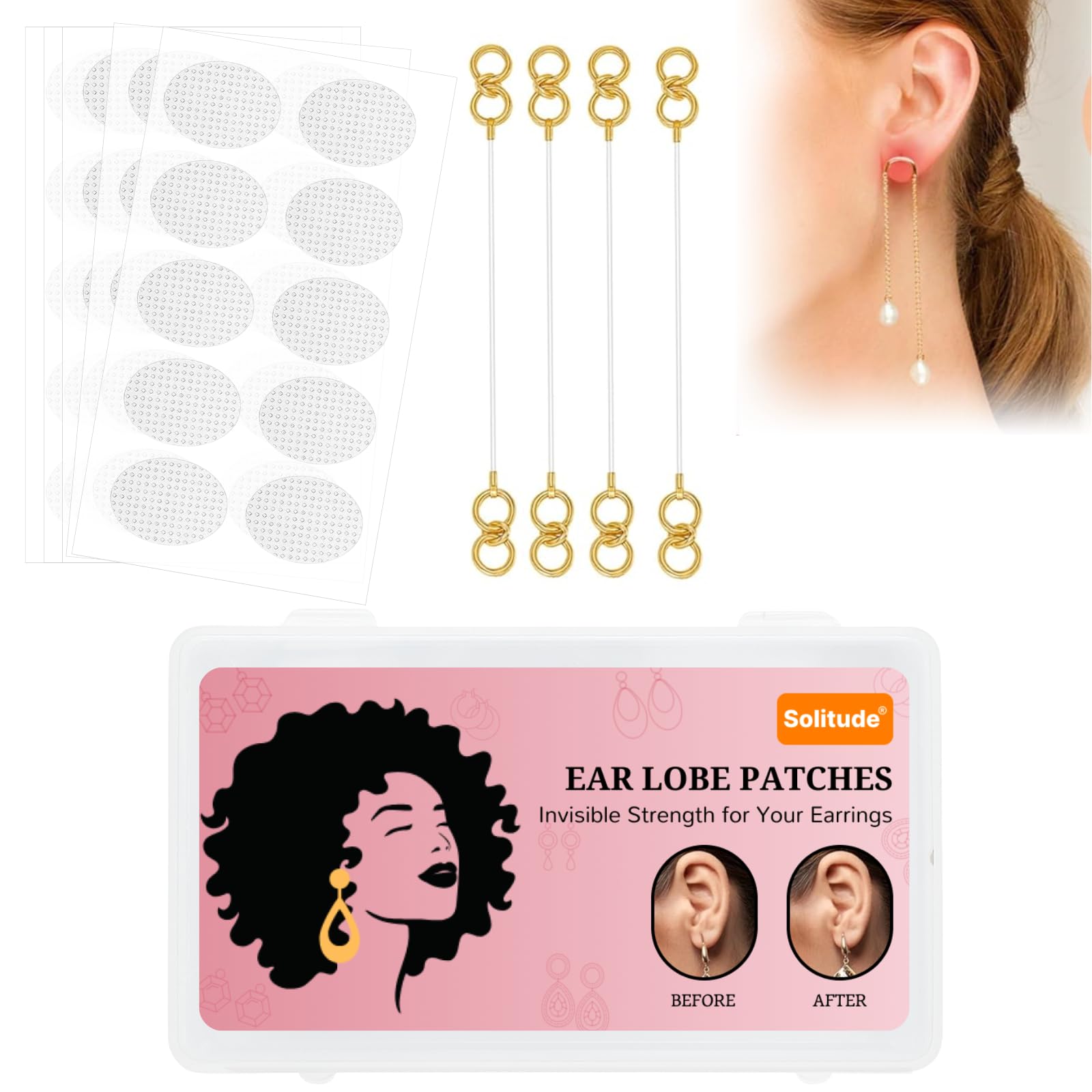 Solitude (2 Pair Chain with 50 Patches) Ear Chain Transparent Stretchable Rubber Antique Earchain | Champaswaralu for Women and Girls | Invisible Kaan Chain for Heavy Earrings with Support Patch