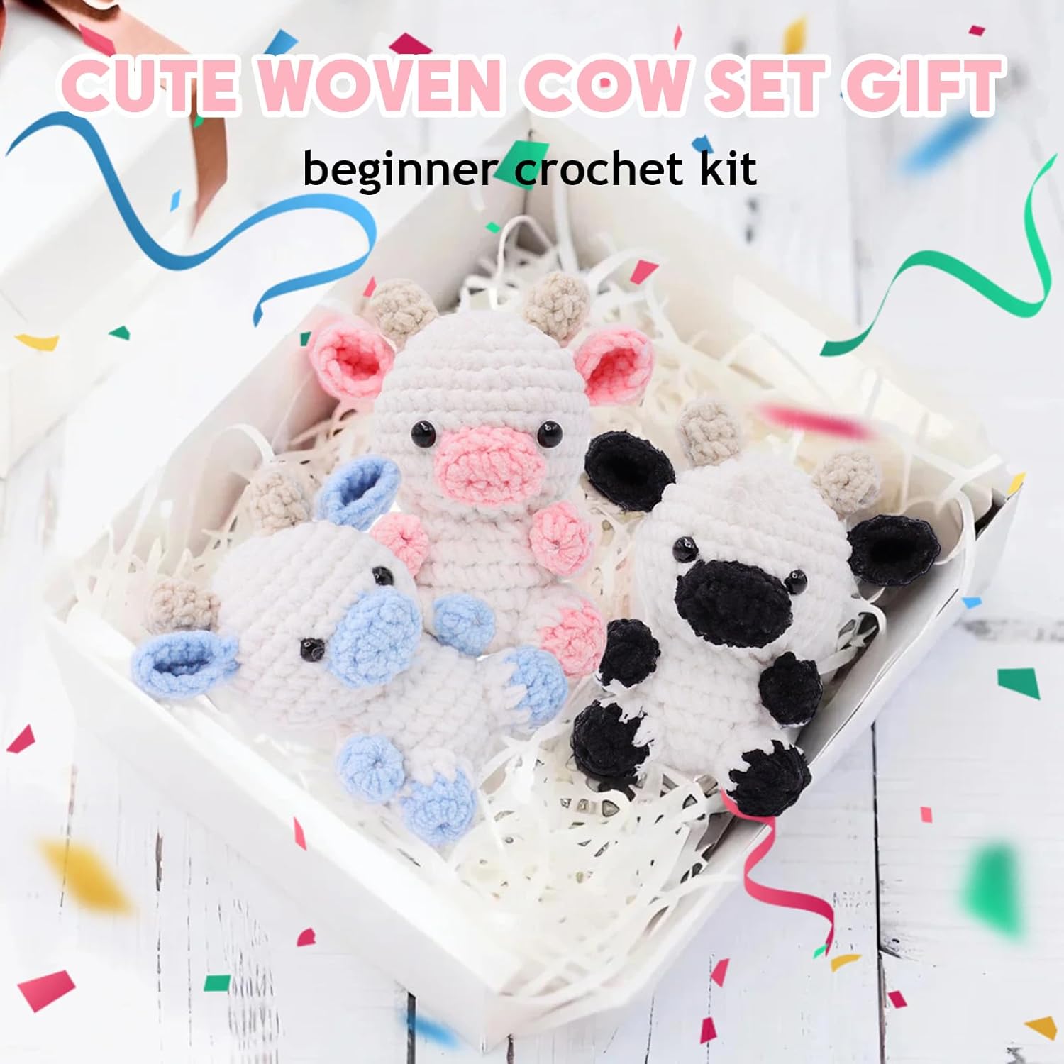 Crochet Starter Kit for Beginners, 3 Cute Animal Cow Pattern, Crochet Starter Kit Beginner for Adults Knitting Hooks and Yarn Set with Video Tutorial