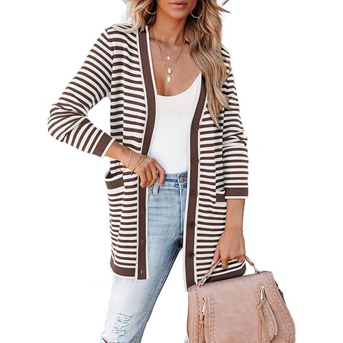 Dokotoo Cardigan Sweaters for Women Striped Open Front Button Down Womens Cardigan with Pockets 2024