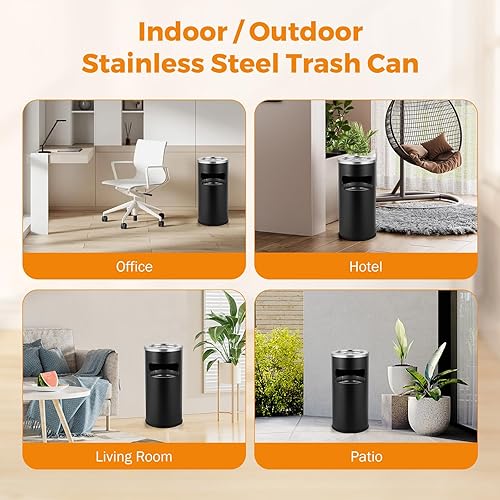 Miniatura 7 de BEAMNOVA Bote de basura al aire libre con tapa, contenedor de basura comercial negro de acero inoxidable para patio, garaje interior, contenedor de