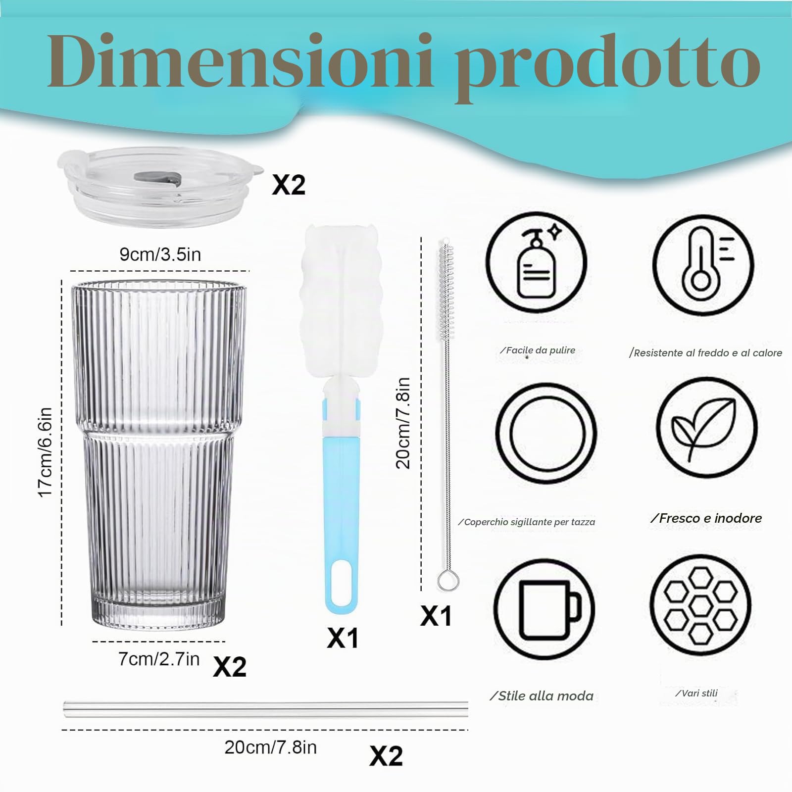 2 Pezzi 600ml Bicchieri da Acqua con Coperchio e Cannuccia,Tazza da Caffè Ghiacciata,Vetro Bicchiere per Smoothie,Tazza da Succhi Trasparente, per Latte, Acqua, Succo, Tè