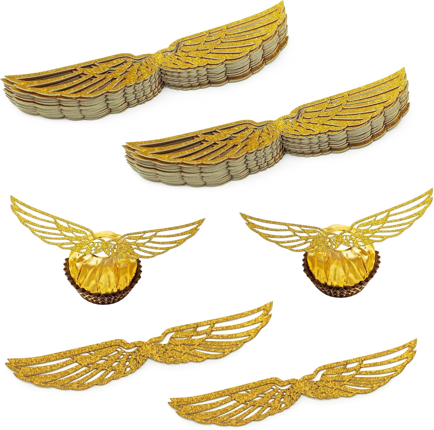 50 Pcs Golden Wings, Glitter Golden Hollow-Out Wafer Chocolate Decorations with Adhesive Dots, Wizard Theme Party Cupcake Cake Toppers for Birthday, Wedding, Christmas Supplies