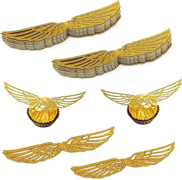 50 Pcs Golden Wings, Glitter Golden Hollow-Out Wafer Chocolate Decorations with Adhesive Dots, Wizard Theme Party Cupcake Cake Toppers for Birthday, Wedding, Christmas Supplies