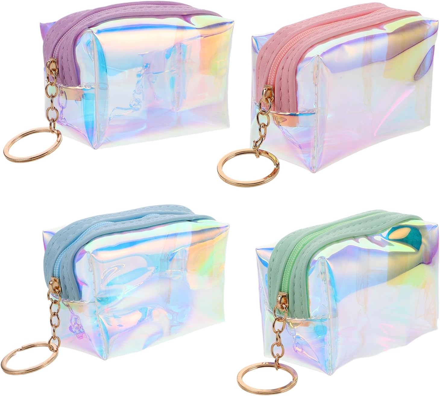 TEHAUX 4Pcs Iridescent Mini Wallet Keychain Coin Purses with Zipper Small Change Pouch for Teen Portable Mini Handbag Accessories in Purple Green Pink Blue