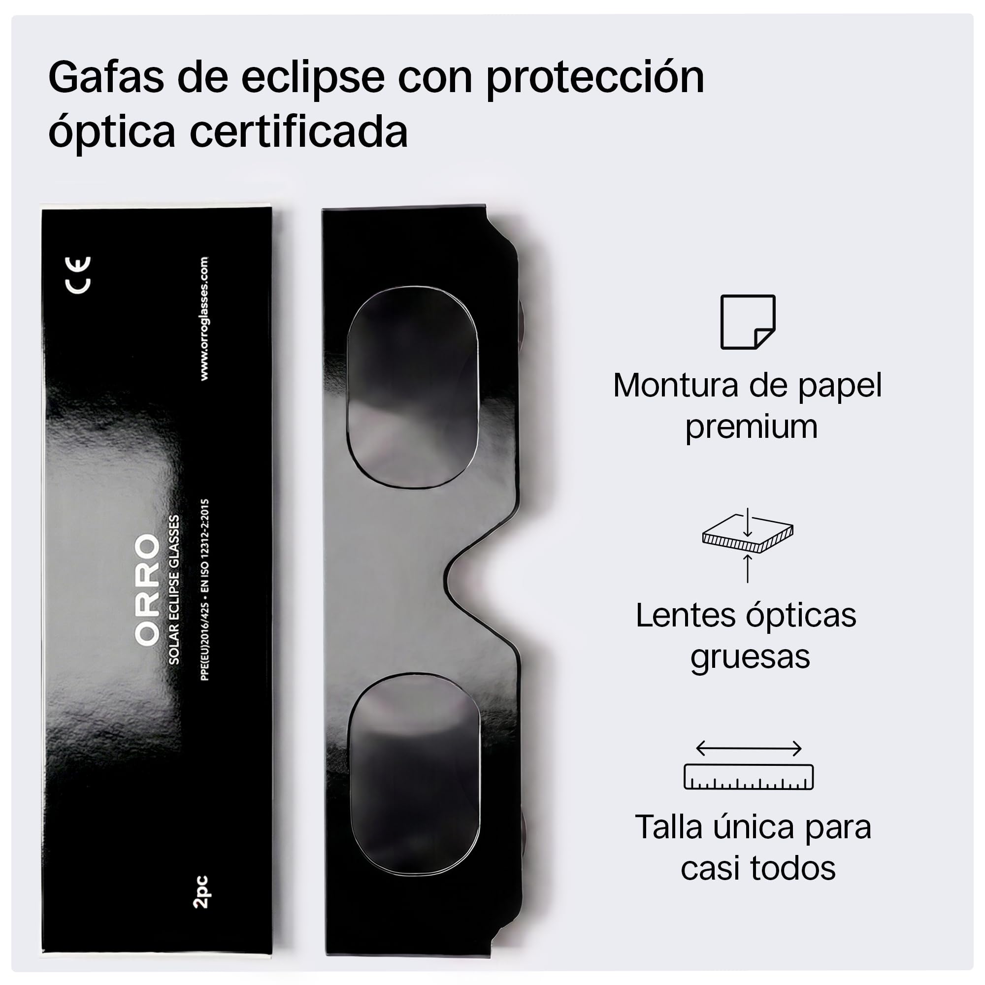 ORRO Gafas para Eclipse Solar de 40 mm, Pack de 2/6/12, Protección Ocular Certificada, Ensayadas según EN ISO 12312-2:2015, Marcado CE para Observación Directa del Sol - Ajuste Moderno