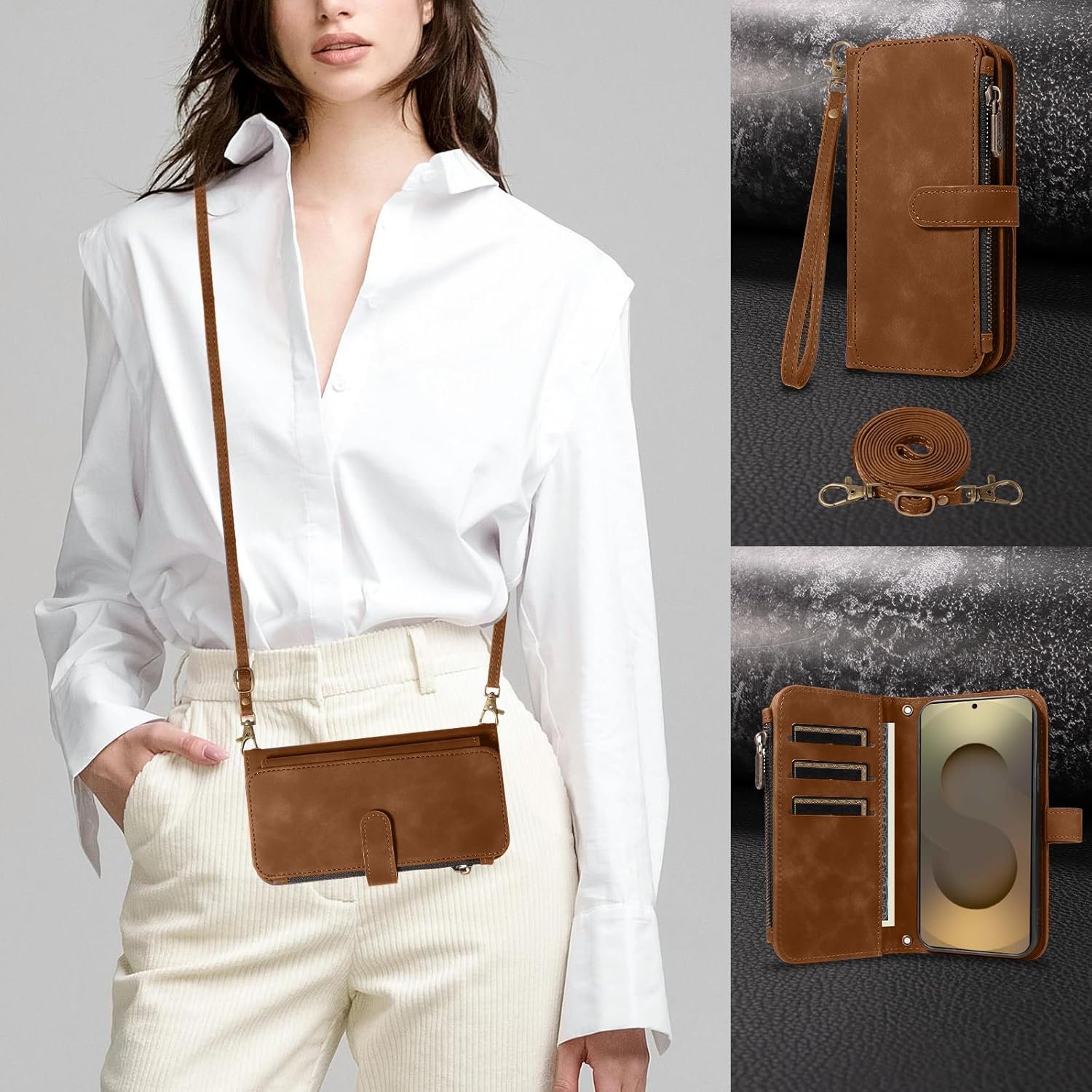 Asuwish Phone Case for Samsung Galaxy S25 Ultra 5G Zipper Wallet Cell Cover with Tempered Glass Screen Protector Crossbody Strap Flip Credit Card Holder S25Ultra 25S S 25 25Ultra 6.9 2025 Women Brown