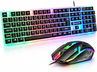 JUSTOP USB Wired Keyboard and Mouse Set, Luminous LED Lights, Full Size Slim Keyboard, LED Gaming Mouse, Game or Business, UK Layout, For PC, Laptop, Windows And Mac, PS4, PS5, Xbox One etc