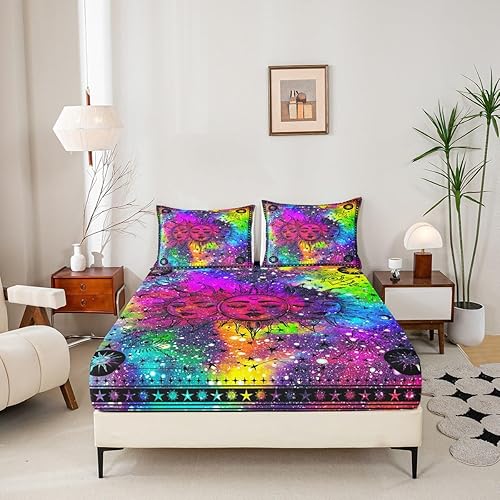 Miniatura 3 de Erosebridal Sábanas bohemias de sol y luna, sábana bajera de 2 piezas con diseño de galaxia psicodélica, diseño de estrellas místicas psicodélicas,