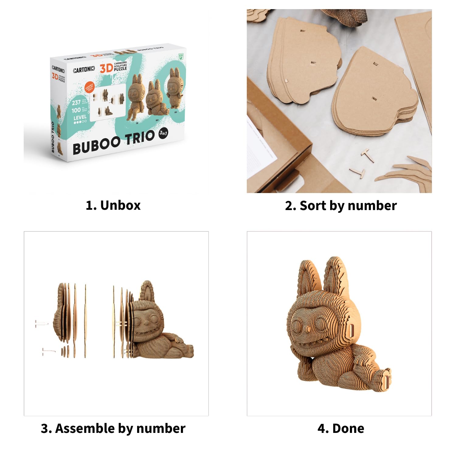 Buboo Creatures Trio Puzzle 3D en Carton – Coffret 3 Maquettes | 237 Pièces, Kit Sculptures Animaux DIY à Assembler et à Peindre – Matériaux Recyclés, Ados & Adultes, Idée Cadeau Déco