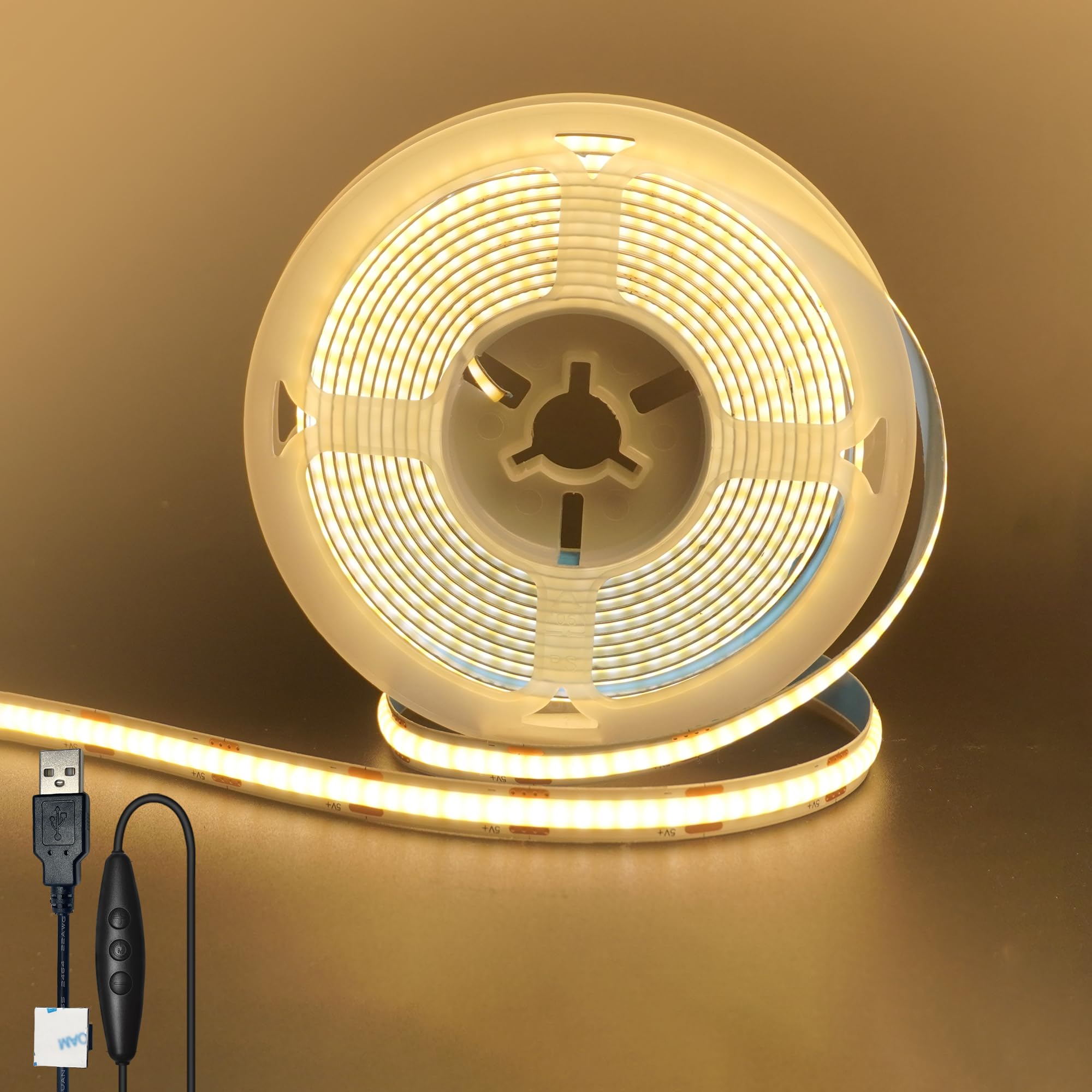 5V 8mm Width USB COB LED Strip Lights with Dimmable Switch,Warm White 3000K,320LEDs/M,8W/M,CRI90,6.56FT/2M,Electroplated Double-Sided Panel Light Strip,Waterproof IP20,for Indoor Decoration
