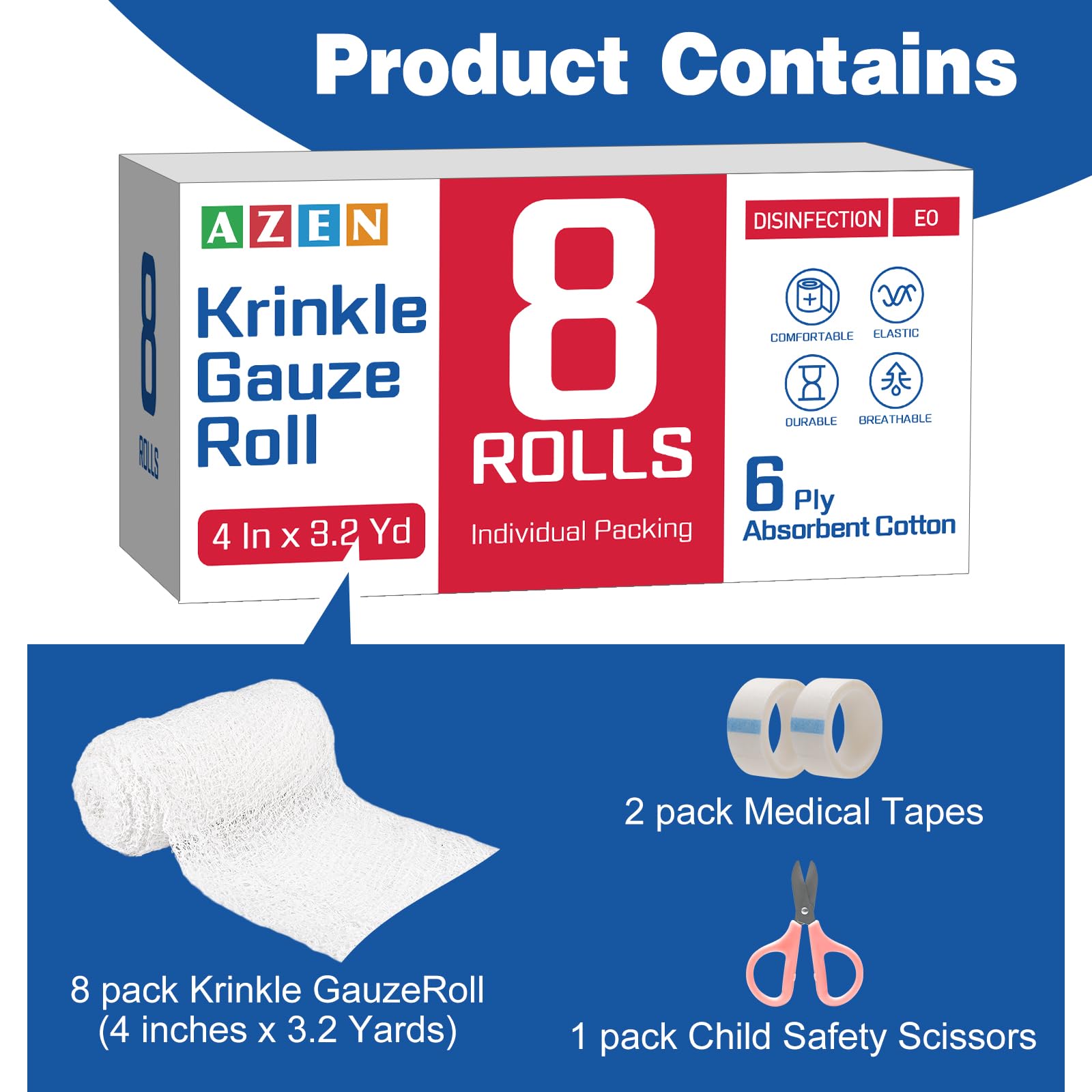 AZEN 8 Pack Krinkle Gauze Rolls, 4 in x 3.2 Yards, 6-Ply 100% Cotton Bandage Wrap, Latex-Free Individually Wrapped, Highly Absorbent Wound Dressing for First Aid — Amazon image 3