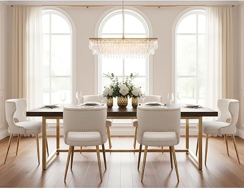 Miniatura 7 de Juego de 4 sillas de comedor de terciopelo beige con patas doradas, juego de 4 sillas de comedor modernas de mediados de siglo con respaldo de