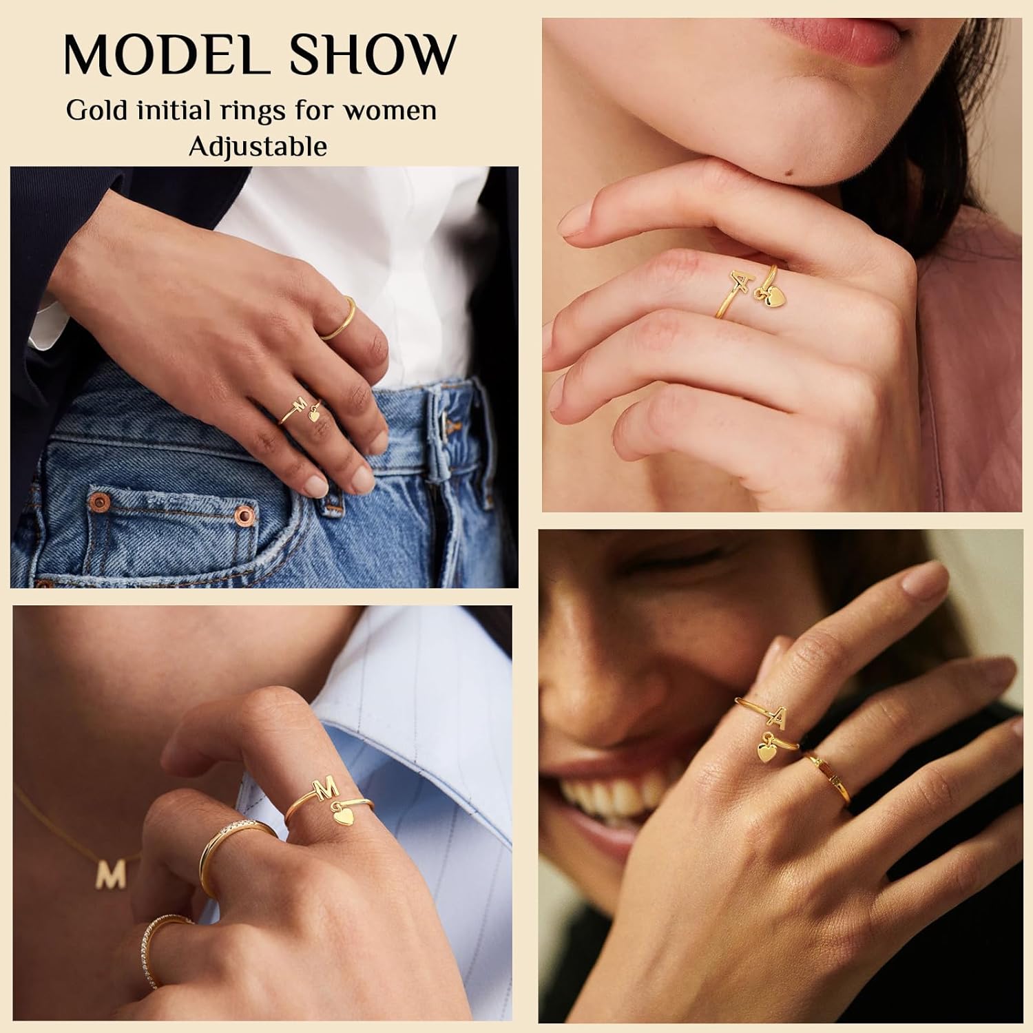 Gold Initial Rings for Women 14K Gold Plated Adjustable Rings Dainty Heart Stackable Letter Rings Alphabet Letter A to Z Resizable Knuckle Ring Jewelry Gifts for Women - Image 3