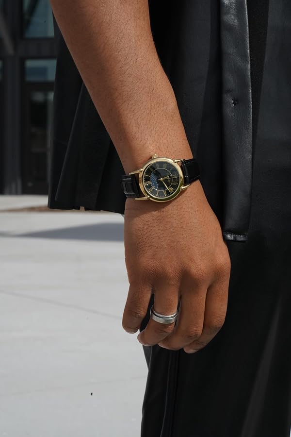 black and gold dress watch Peugeot Men's 14K Plated Vintage Moon Phase Leather | Vintage Gold Tone Case | Sun Moon Phase Dial | Brown Leather Strap Color:As Photo（BLUSH PINK) Simple Dark Green Satin Champagne sunray dial 5643