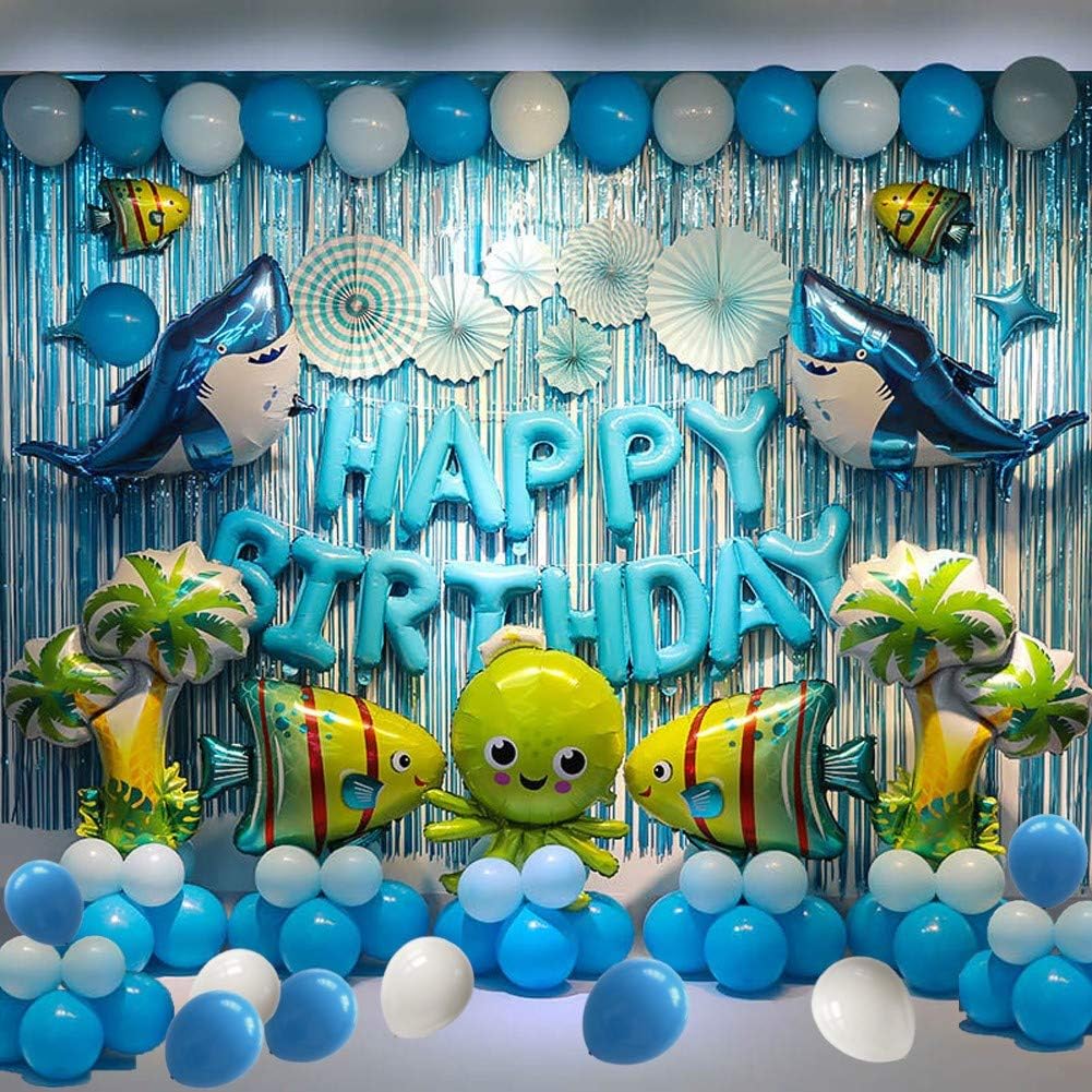 Shark Birthday Party Backdrop Decorations Marine Animals Ocean Animals Themed Balloon Birthday Party Supplies for Birthday Party - 80 Pcs