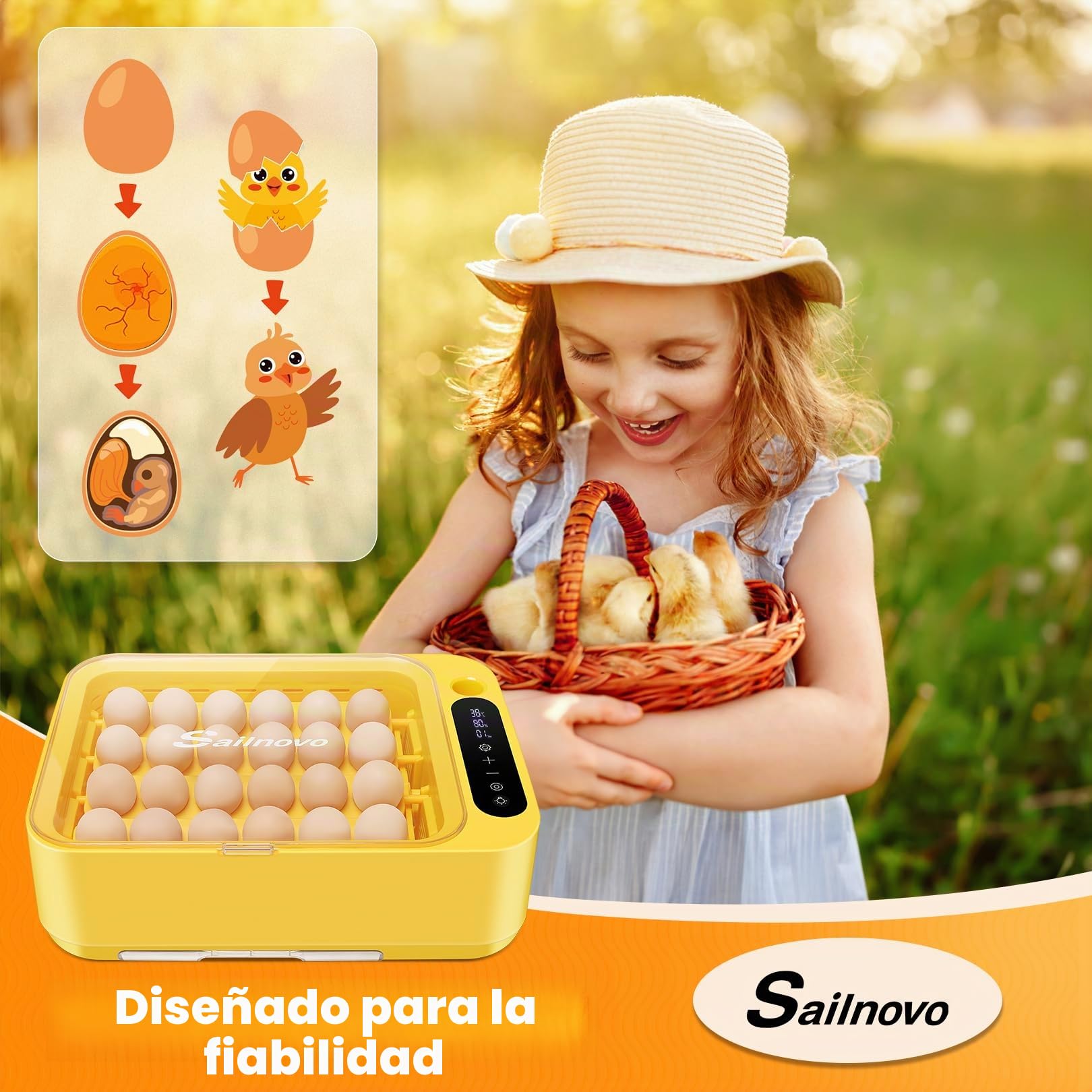 Sailnovo - 24 incubadoras para pollos, otras aves + 20 huevos + incubadora totalmente automática + control de temperatura + indicador de humedad + adición de agua externa- amarillo